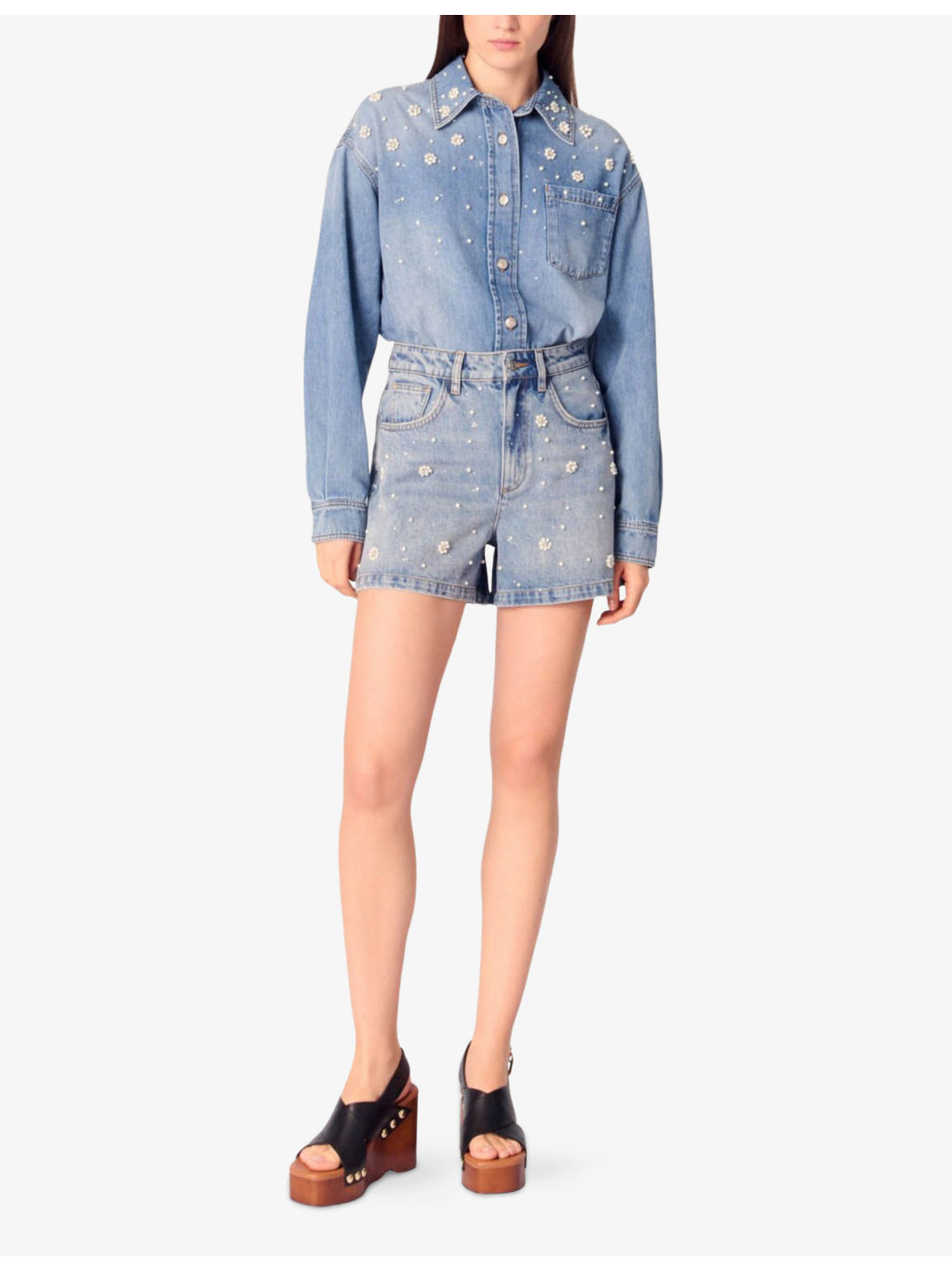 Flower-Embellished High-Rise Denim Shorts - 2