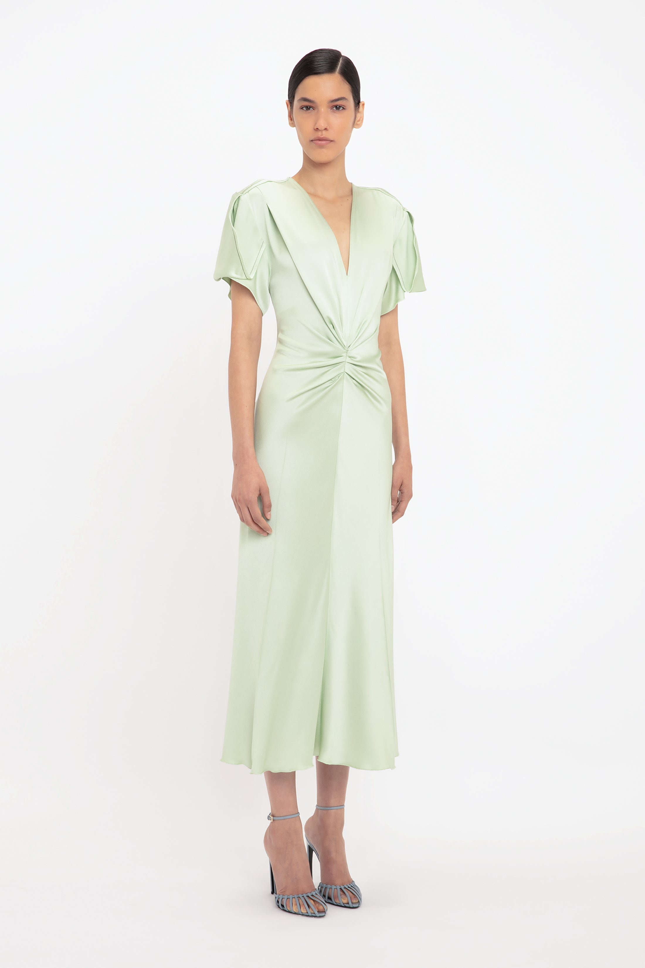 Gathered V-Neck Midi Dress In Jade - 3