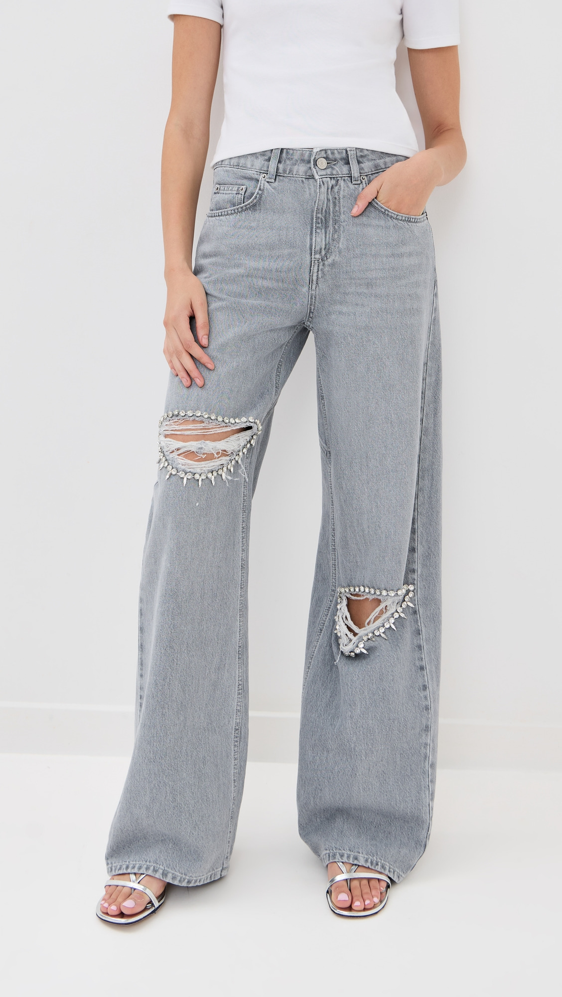 Distressed Crystal Relaxed Slit Jeans - 2