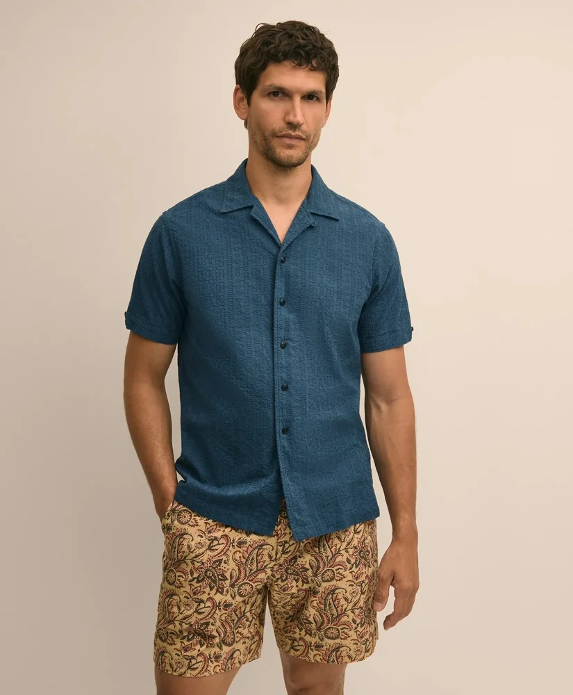 Cotton Embroidered Geo Camp Collar Short-Sleeve Shirt - 1