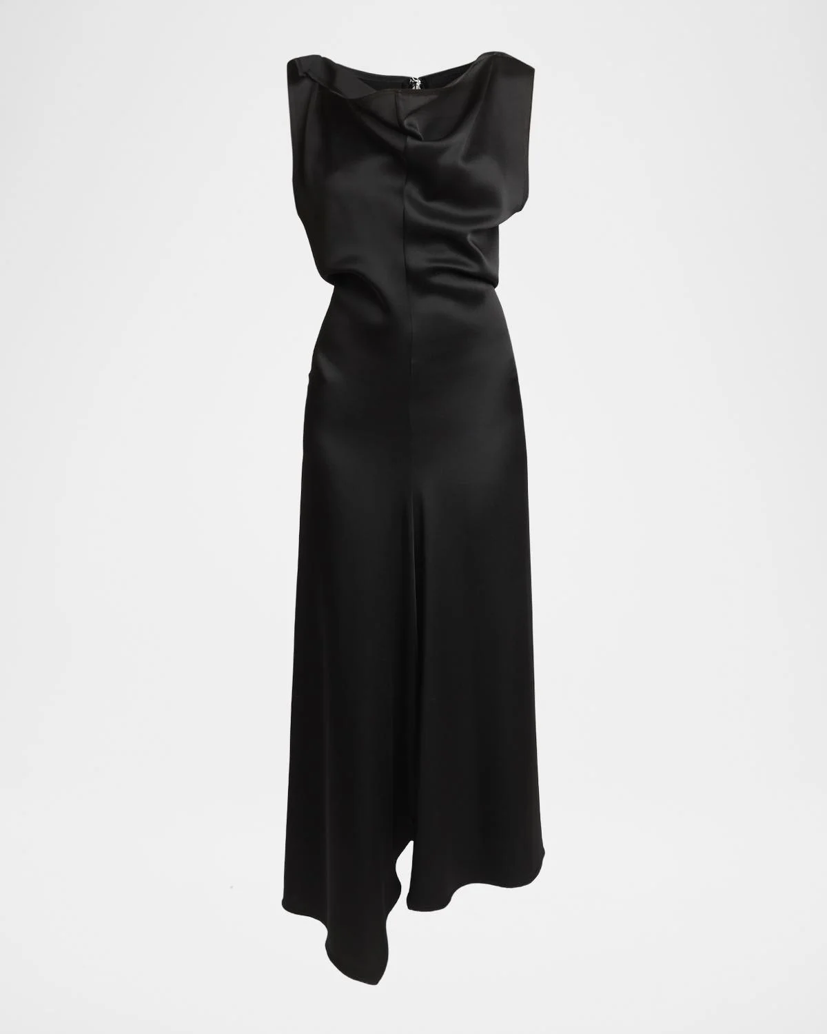 Asymmetric Draped Sleeveless Satin Midi Dress - 1