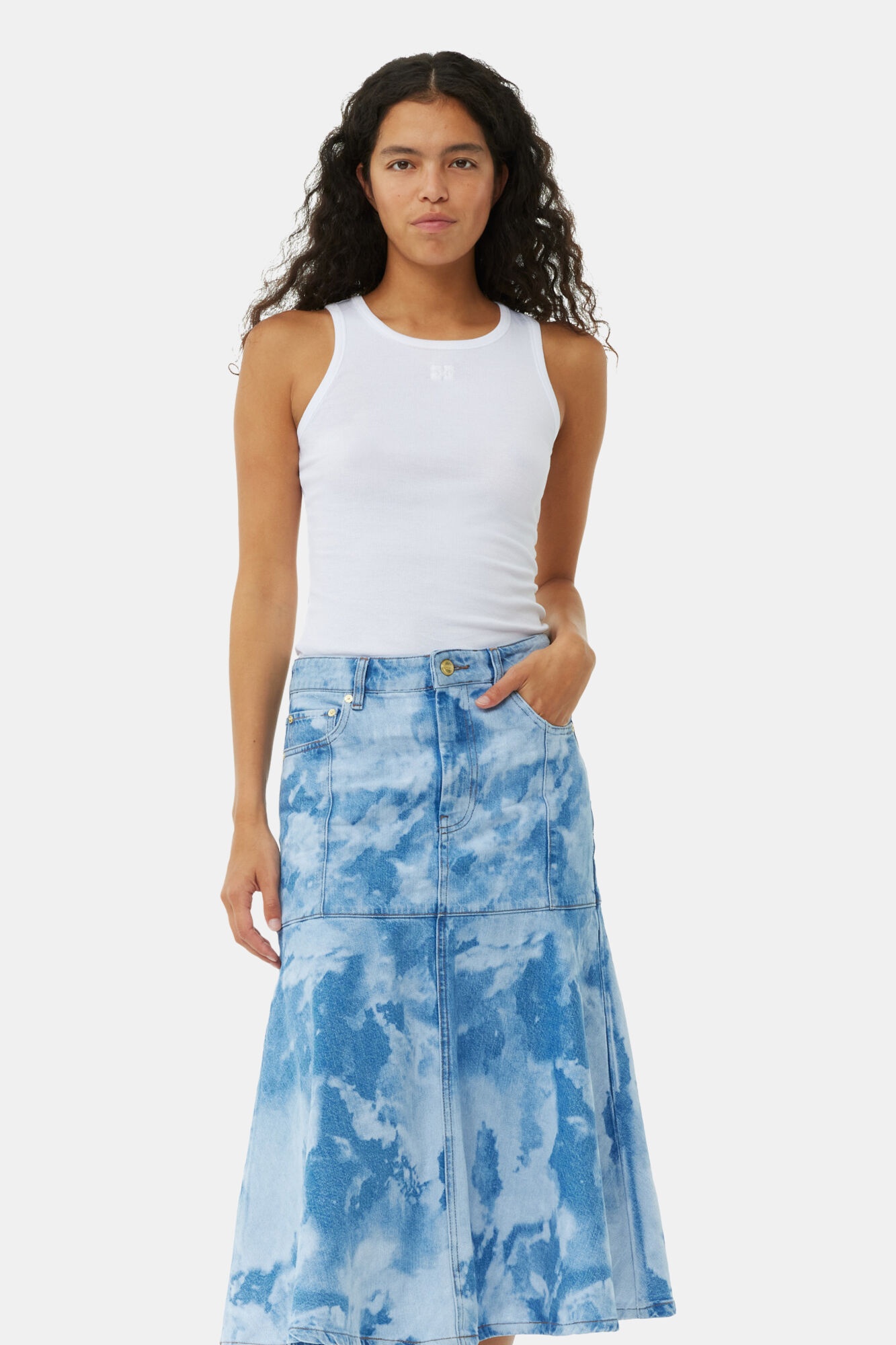 BLUE BLEACH DENIM FLOUNCE MIDI SKIRT - 3