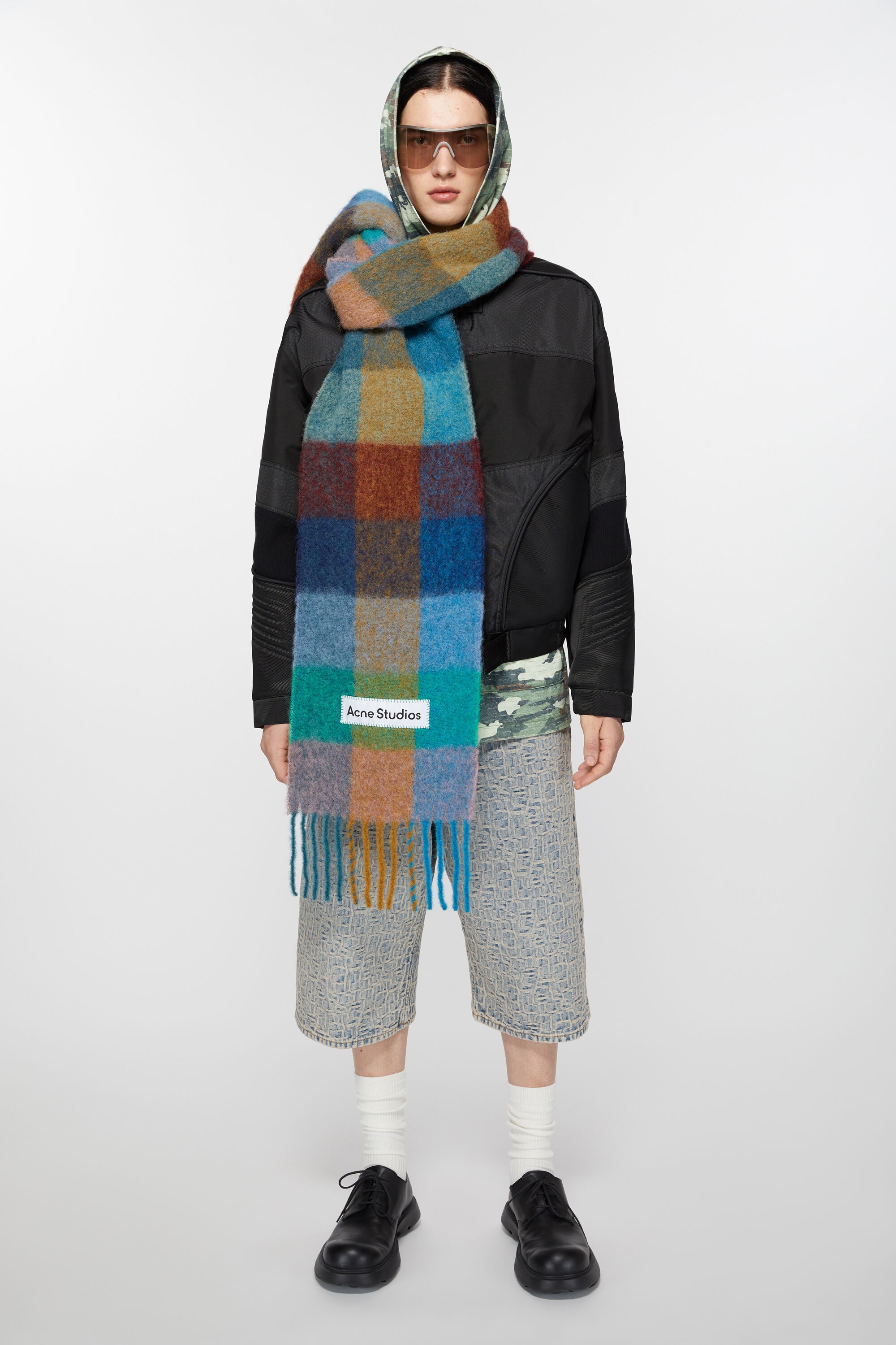 Mohair checked scarf - Turquoise/camel/blue - 3