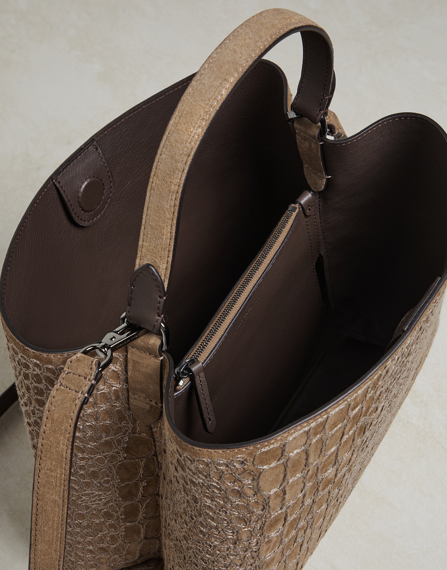Crocodile embroidery shopper bag in suede with shiny handles - 5