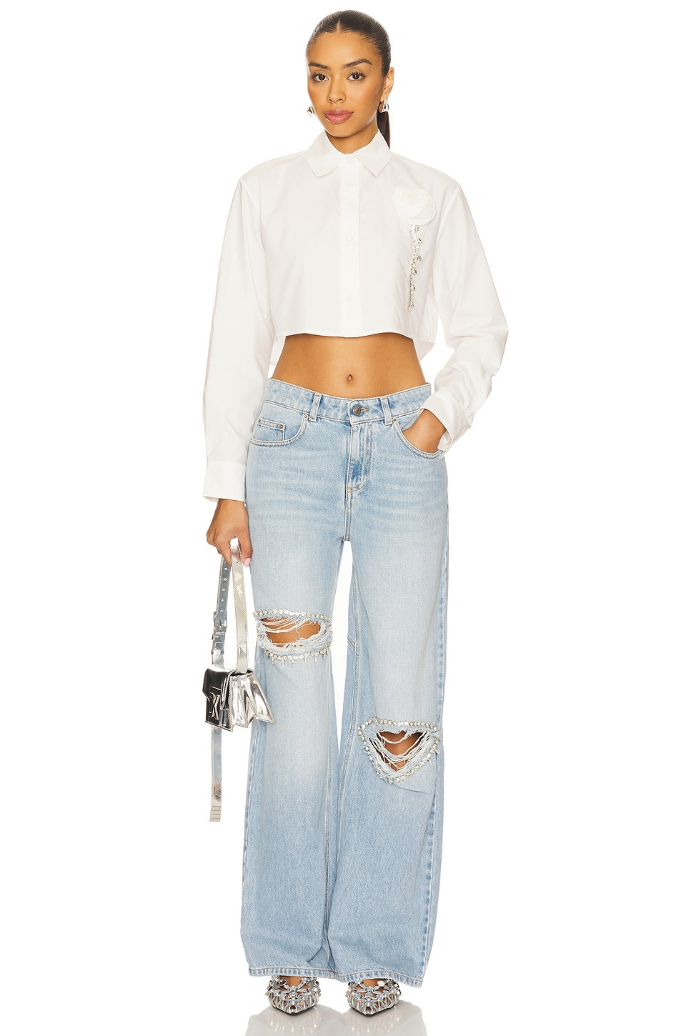 Distressed Crystal Relaxed Slit Jean - 5