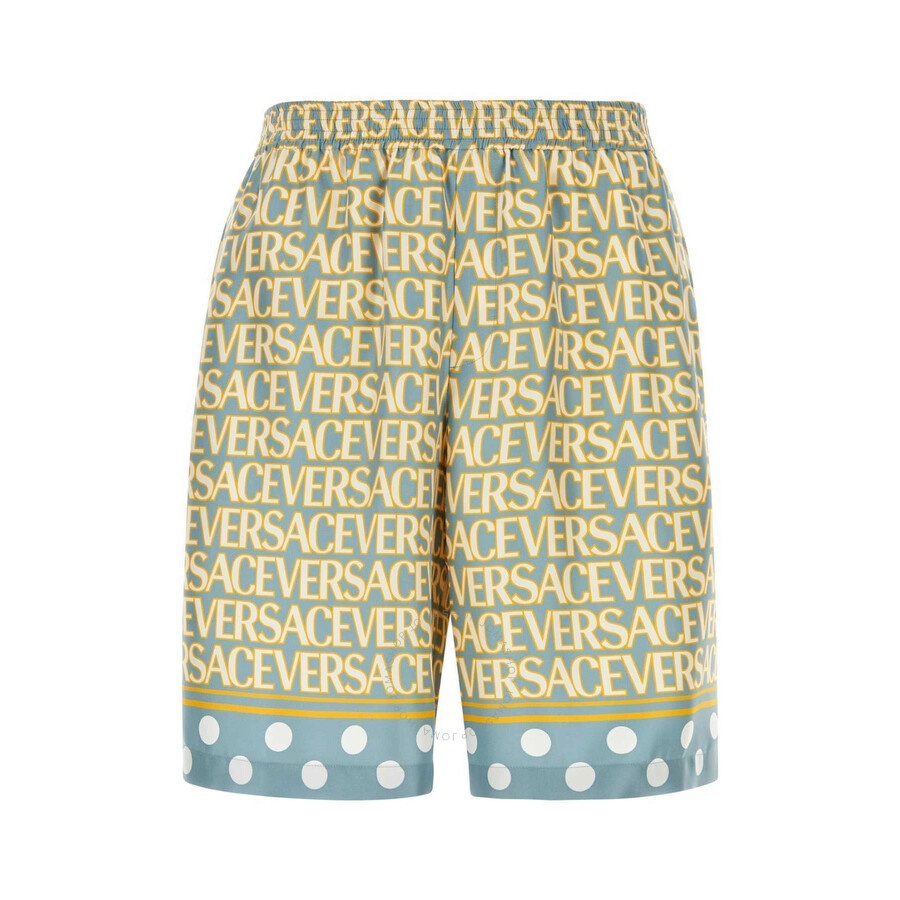 Versace Men's Light Blue/Ivory All-Over Logo Print Shorts - 1