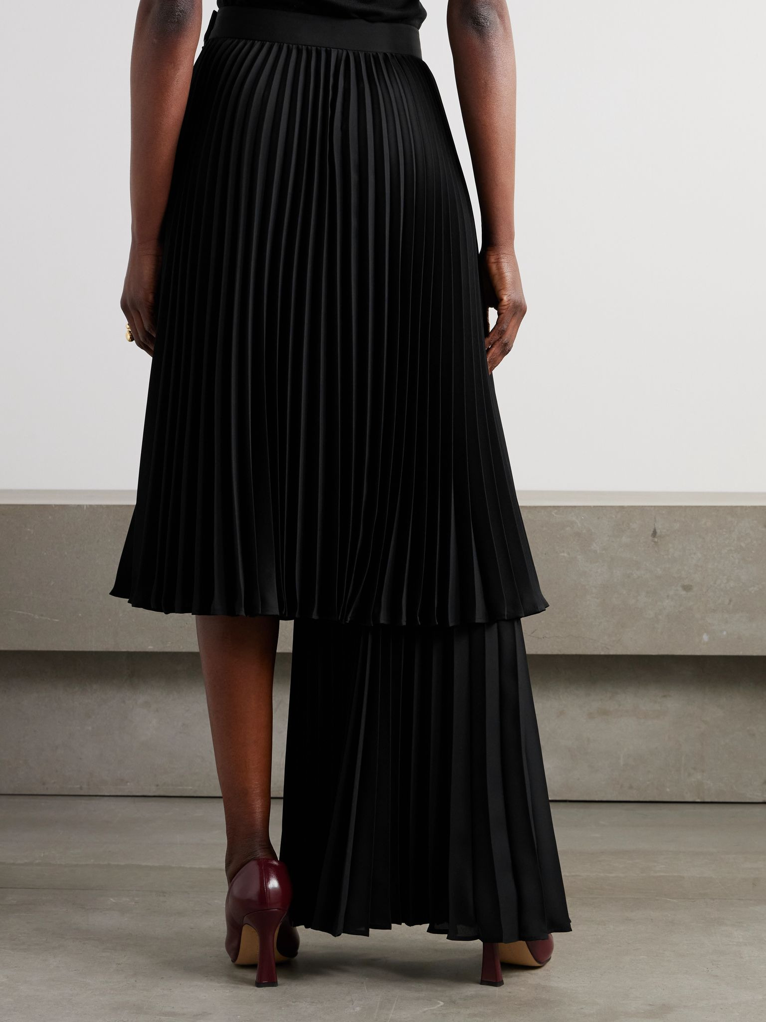 Layered pleated twill midi skirt Black - 4