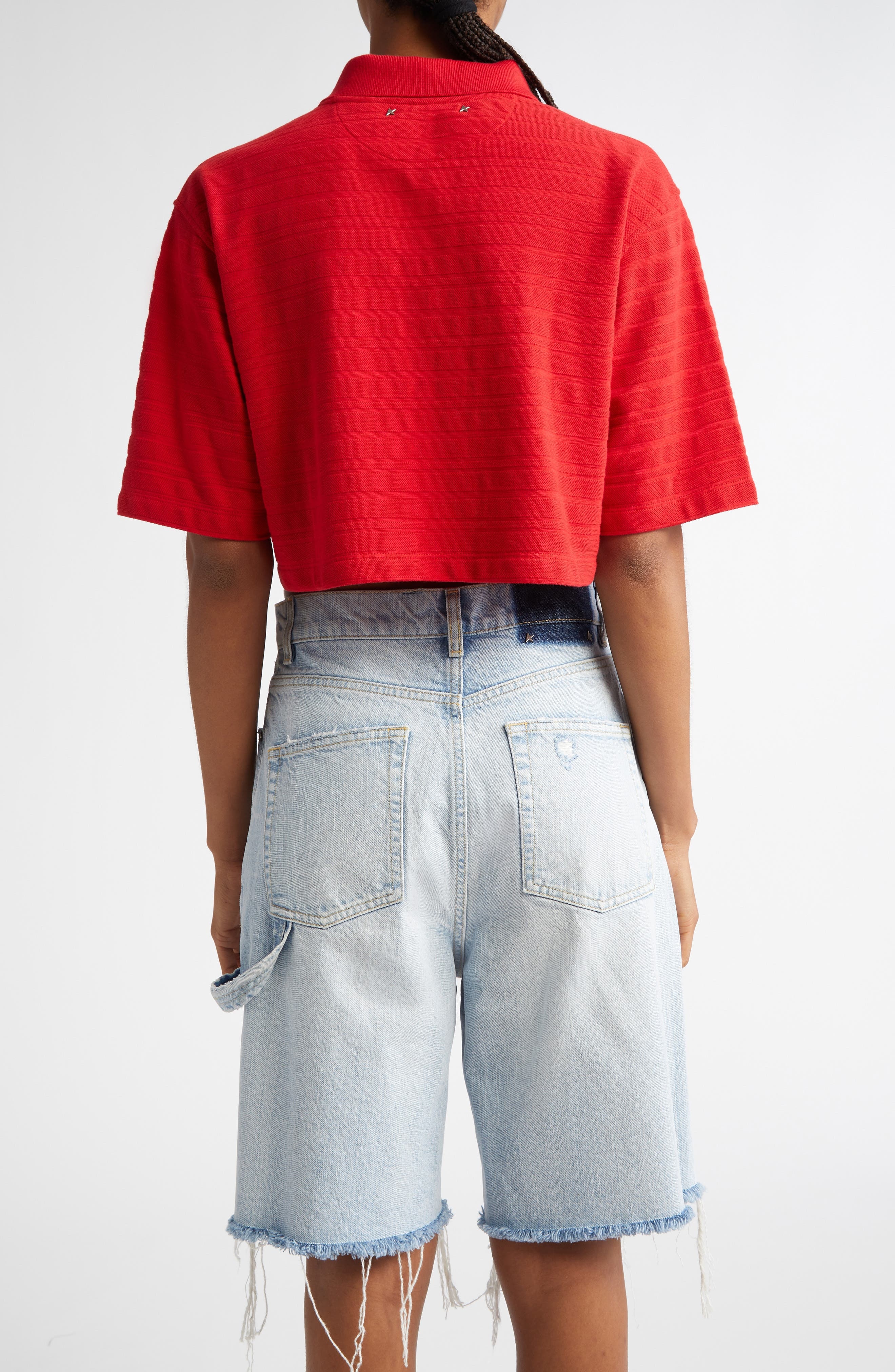Golden Goose Textured Stripe Logo Embroidered Crop Polo in Haute Red at Nordstrom - 2