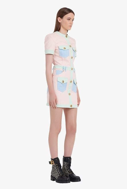 Short multicolor denim dress with gold-tone buttons - 7