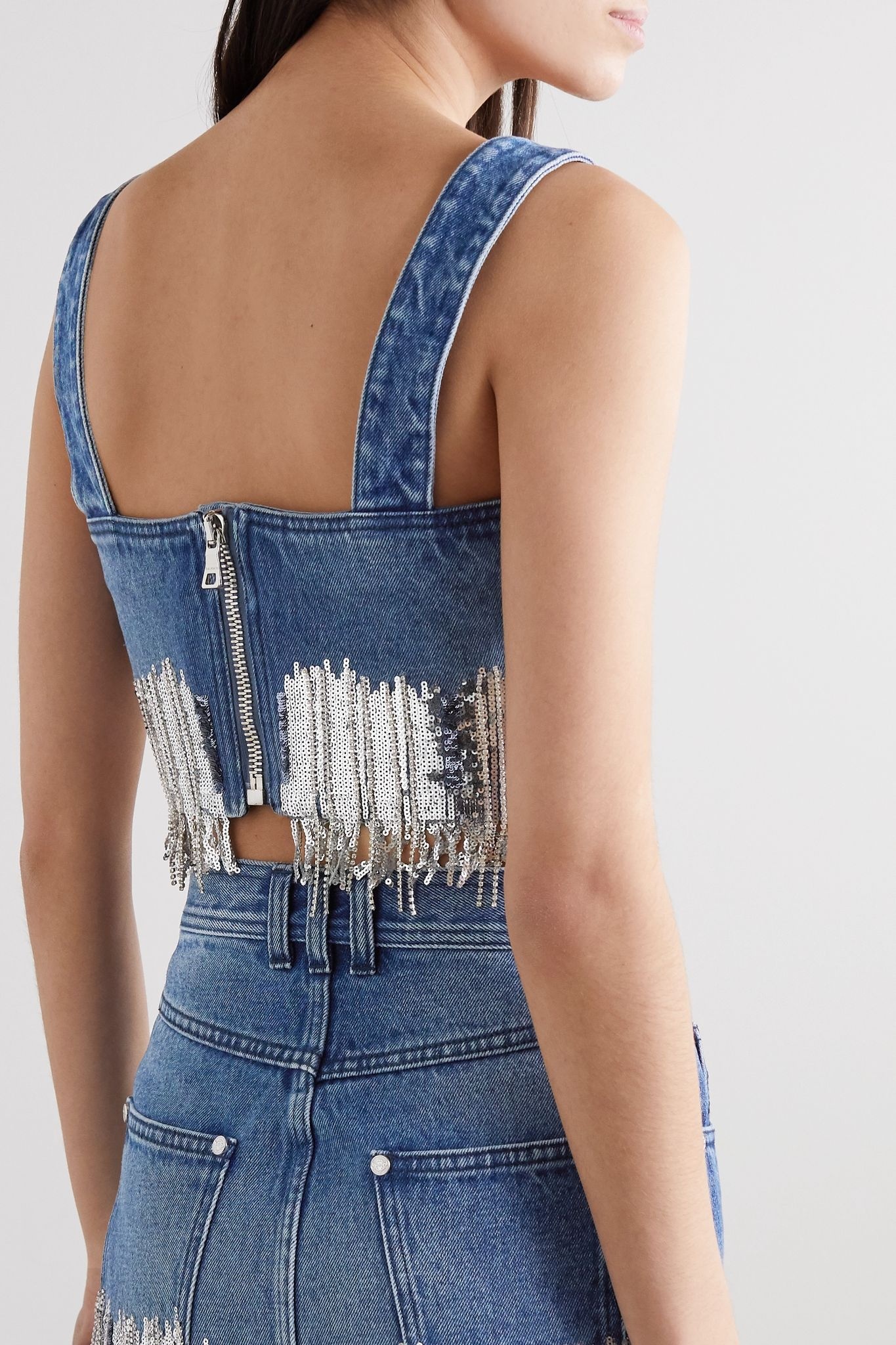 Cropped fringed sequined denim top - 4