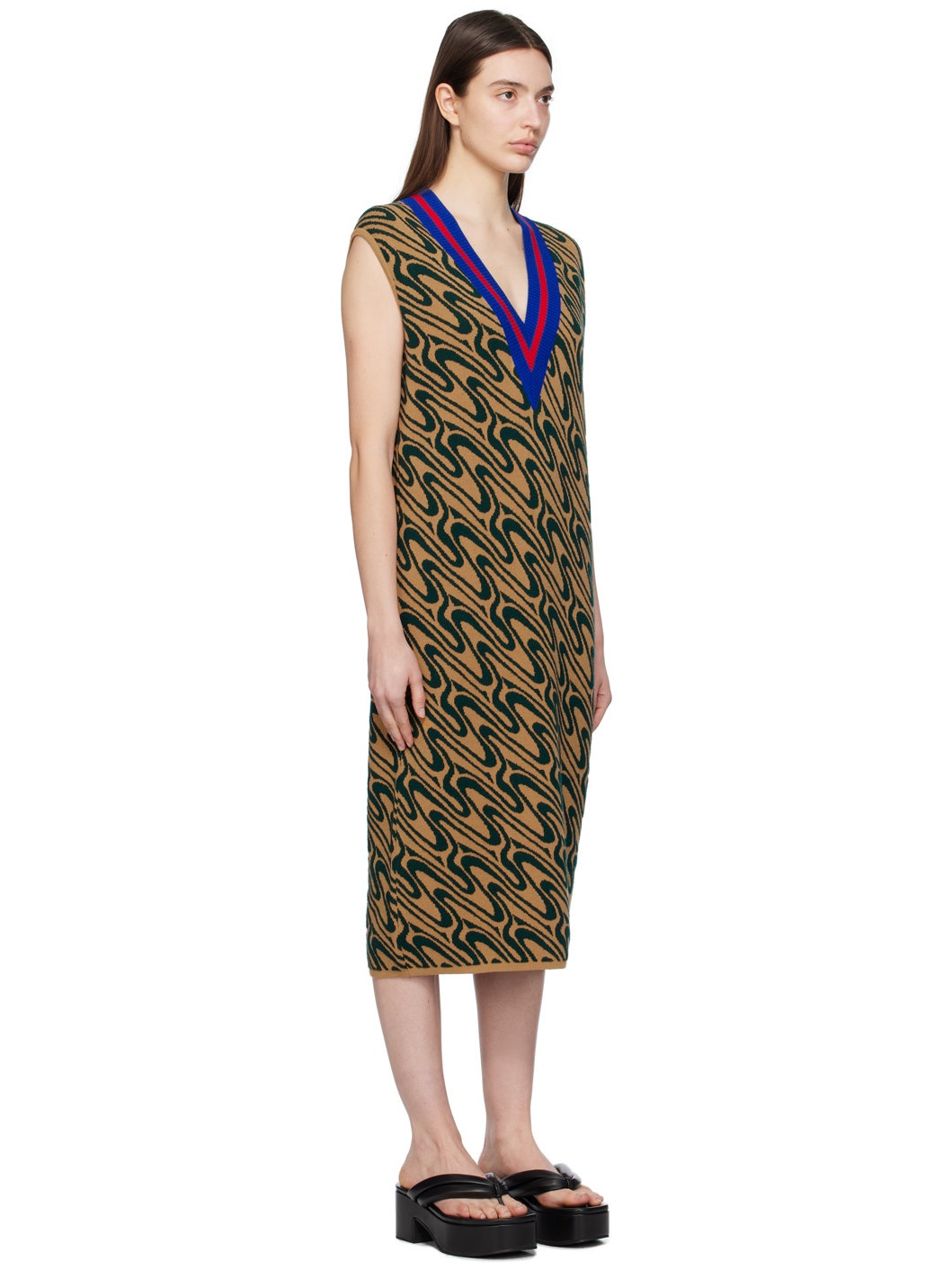 Tan & Green Jacquard Midi Dress - 2