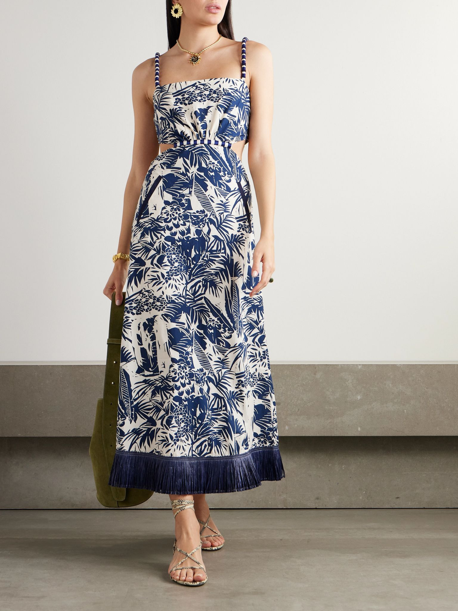 Harmony fringed embellished printed cotton-poplin midi dress Navy - 2
