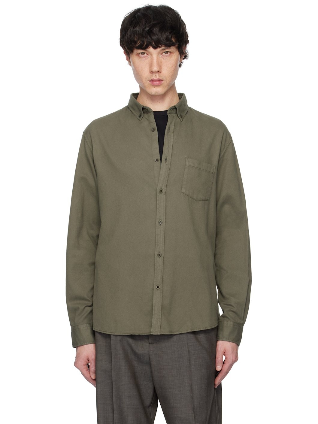 Khaki Button Down Flannel Shirt - 1