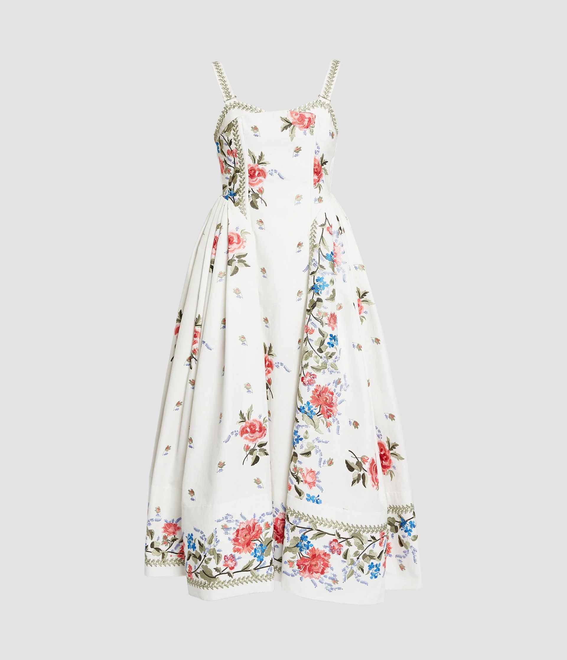EMBROIDERED COTTON FAILLE SLEEVELESS MIDI DRESS - 1
