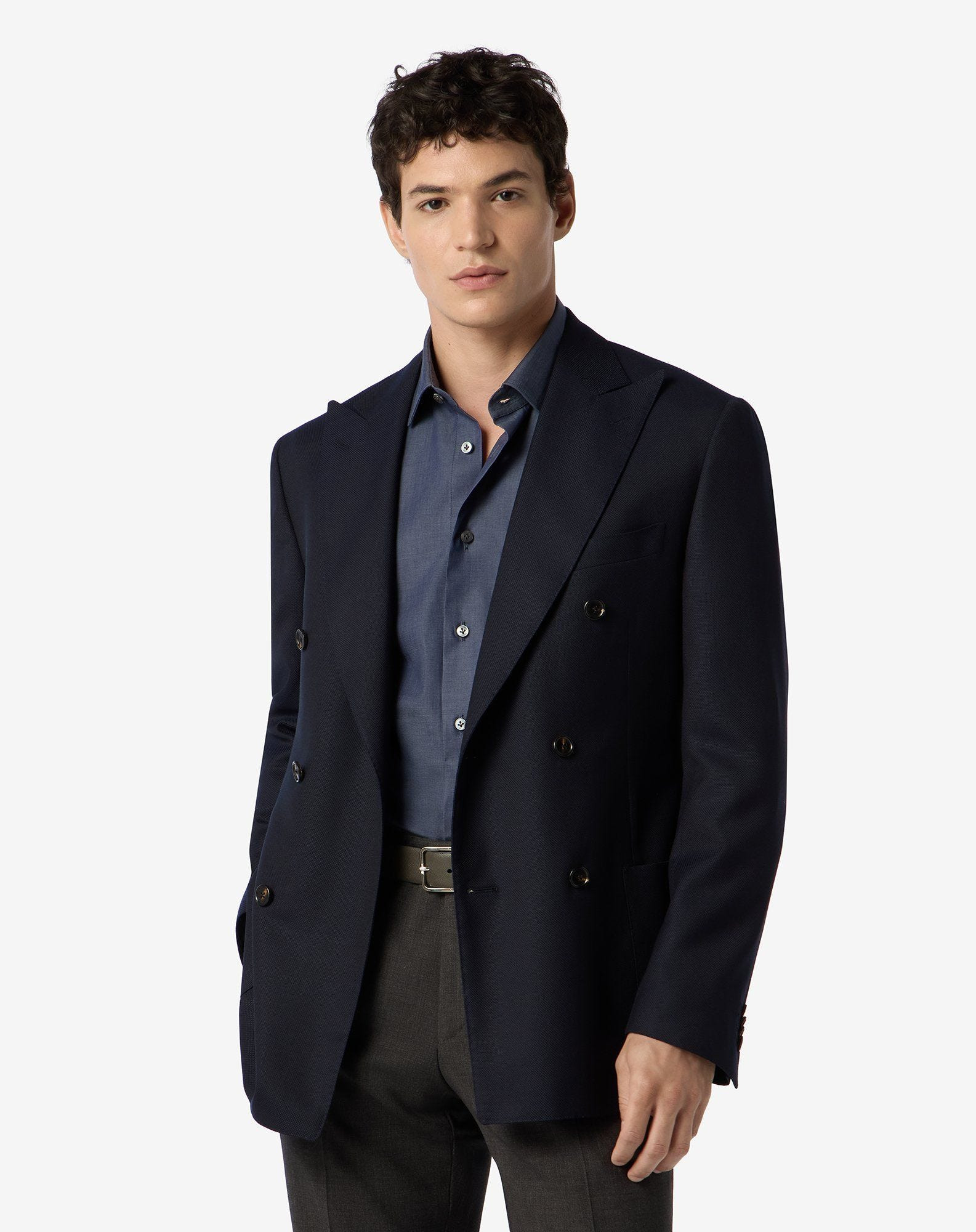China blue double-breasted pure wool hopsack jacket - 2