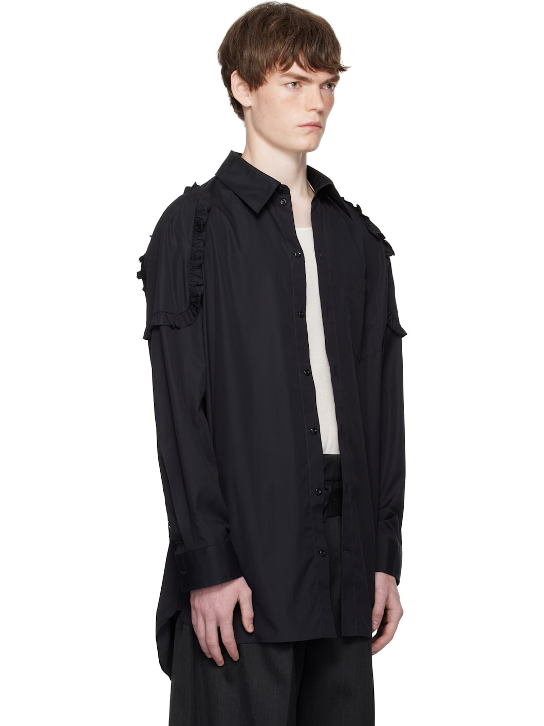 Black Ruffle Shoulder Patch Tunic Shirt - 2