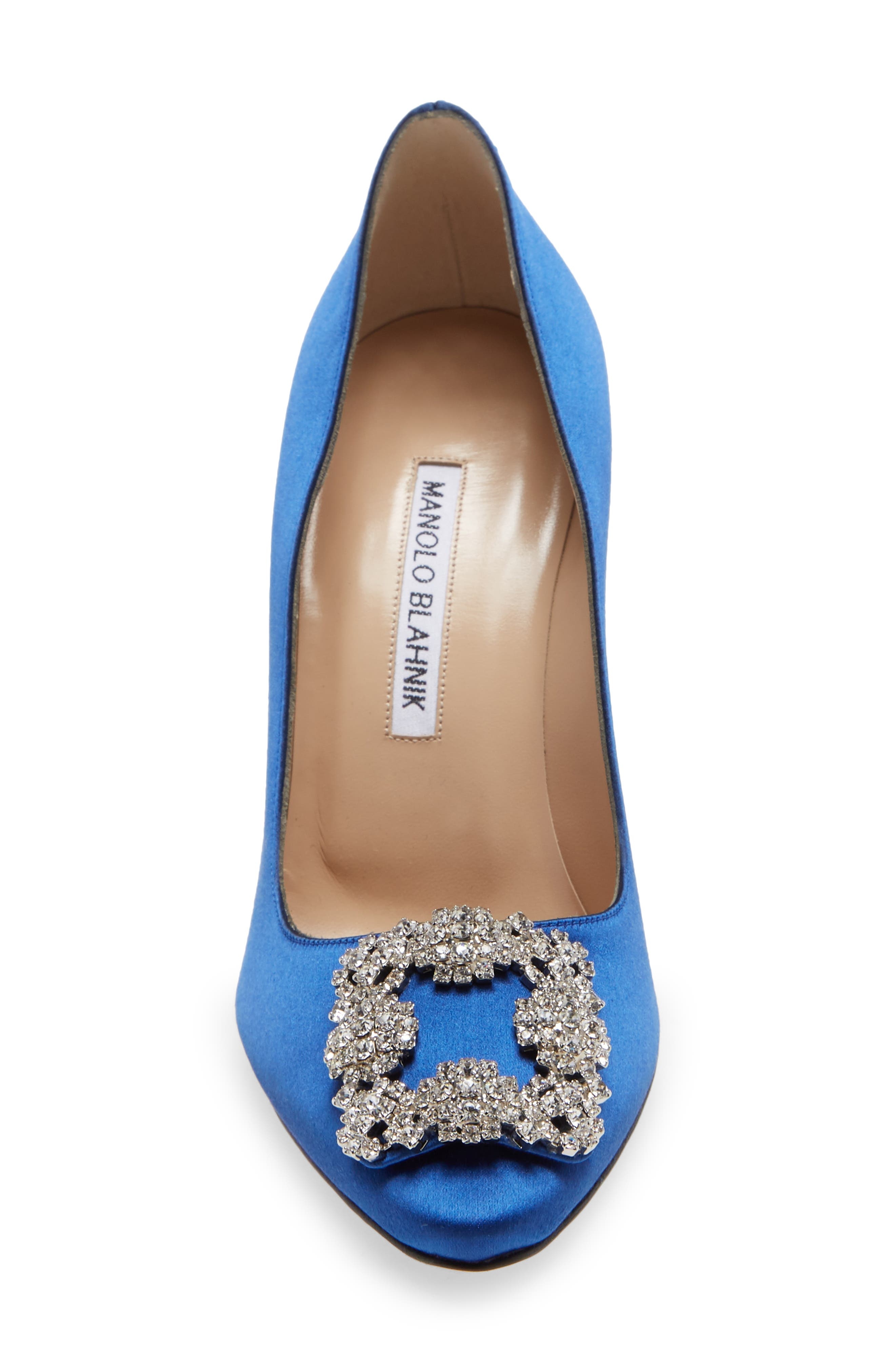 Manolo Blahnik Hangisi Crystal Buckle Pump in Blue Satin Clear/Buckle at Nordstrom - 4