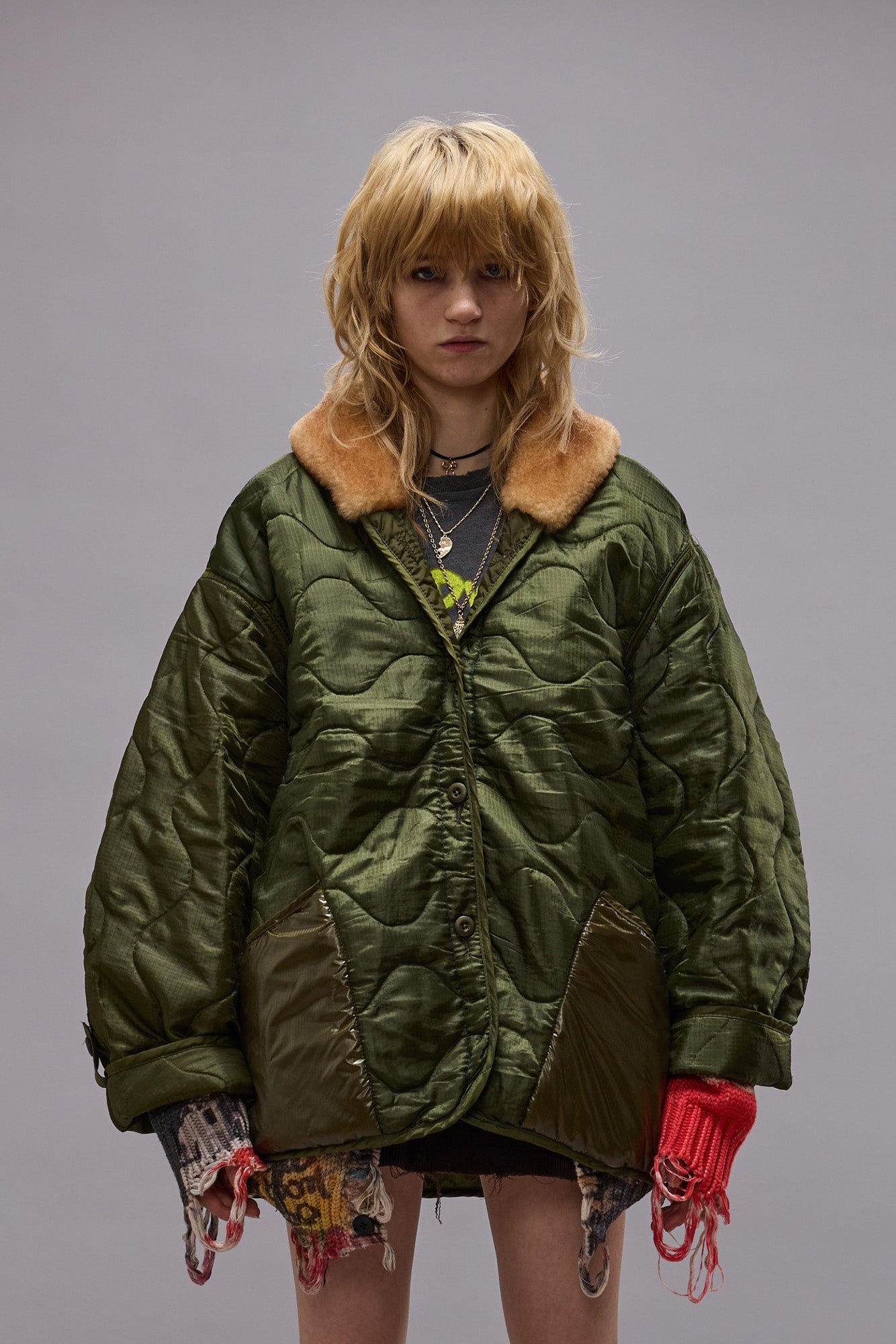 REFURBISHED LINER WITH SHEARLING SHAWL COLLAR - OLIVE - R13 - 5