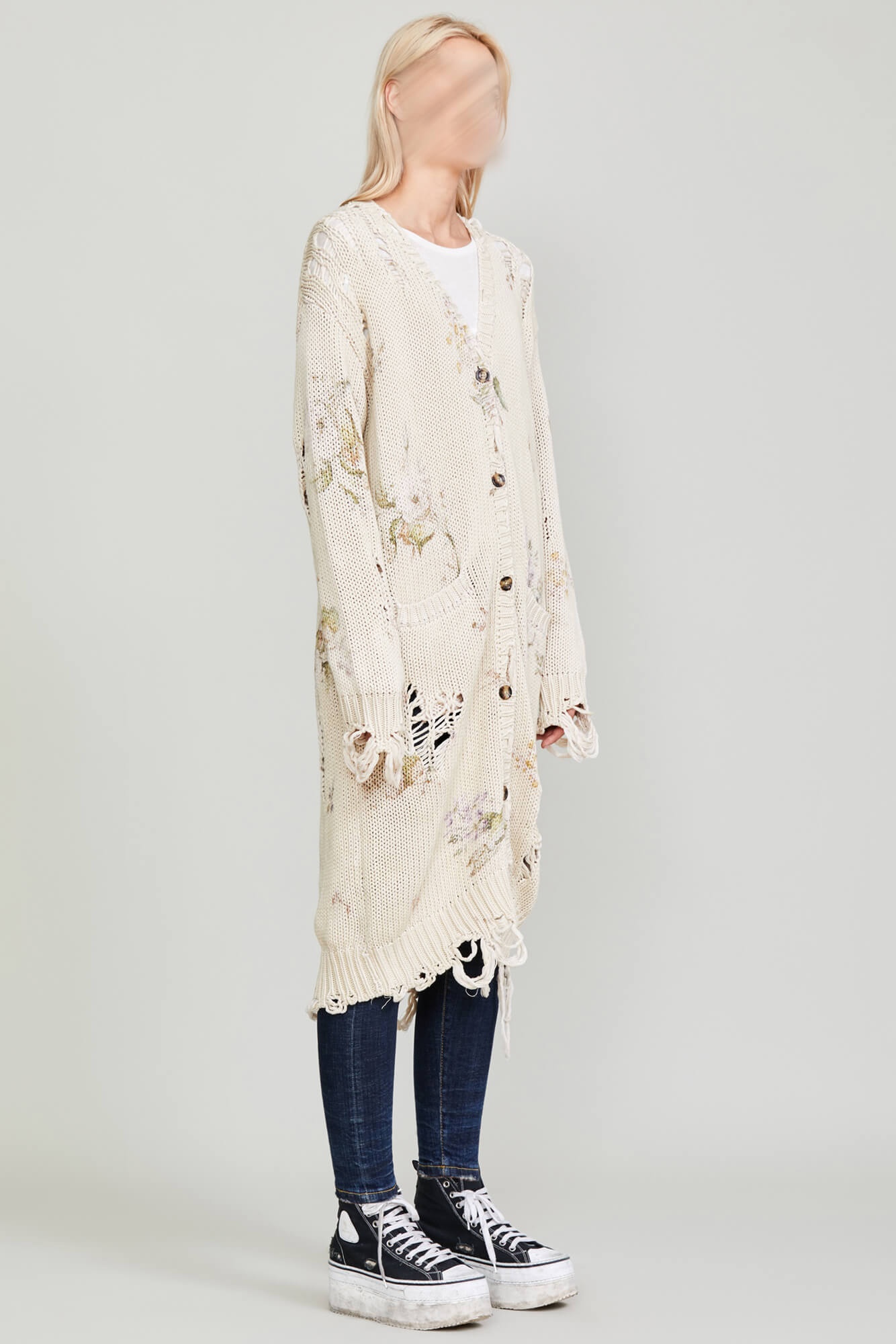 DISTRESSED LONG CARDIGAN - FLORAL ON KHAKI - 2