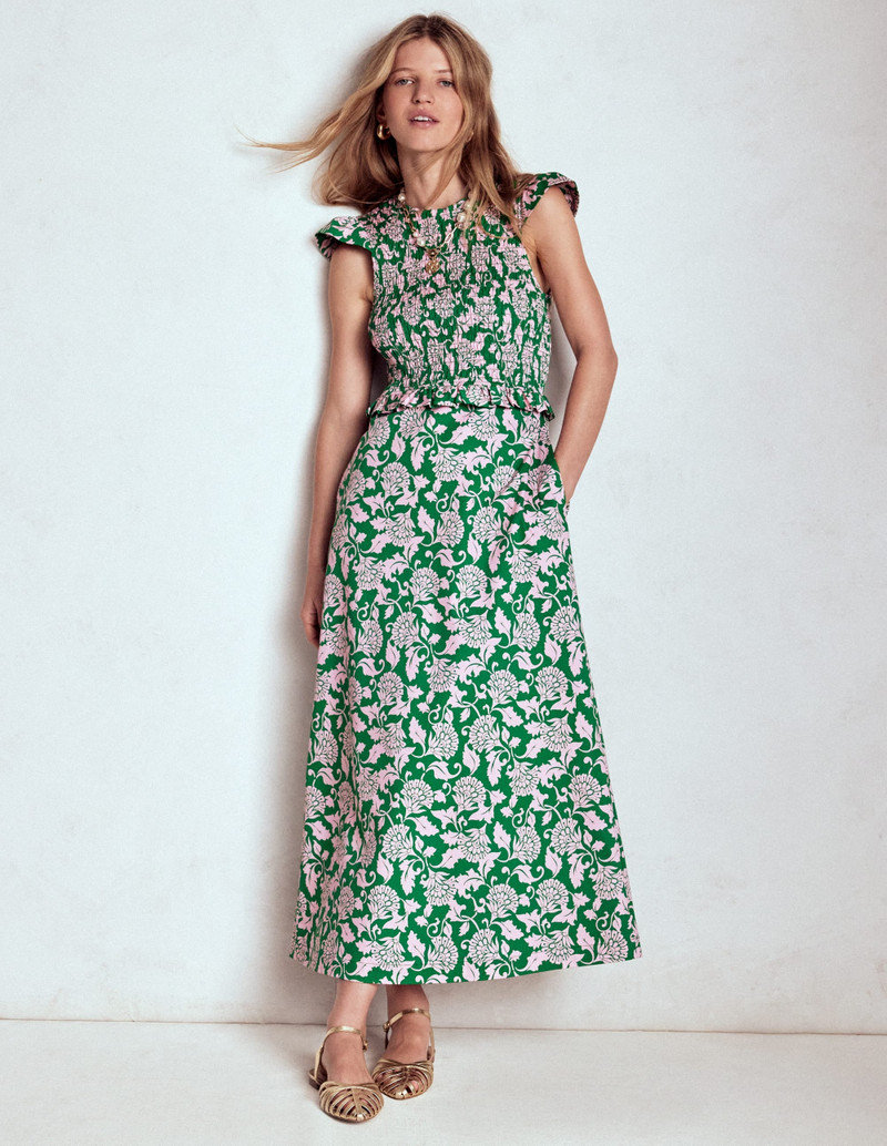 Carolina Smocked Midi Dress-Rich Emerald, Ornate Vine 6