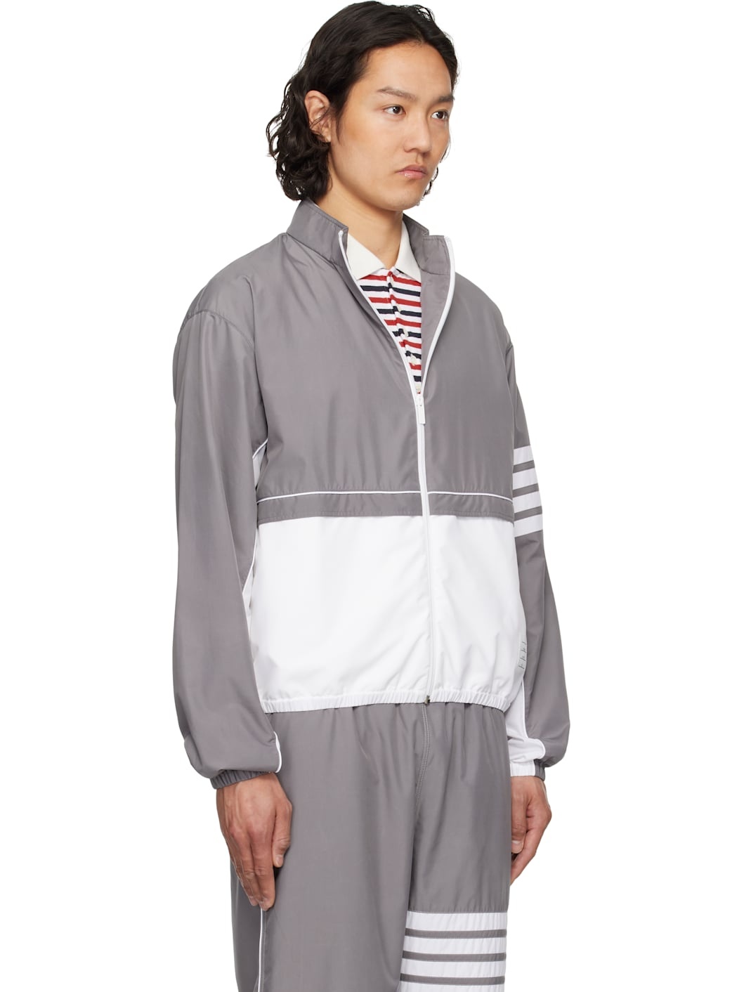 Gray & White Ripstop 4-Bar Color Block Windbreaker Jacket - 2