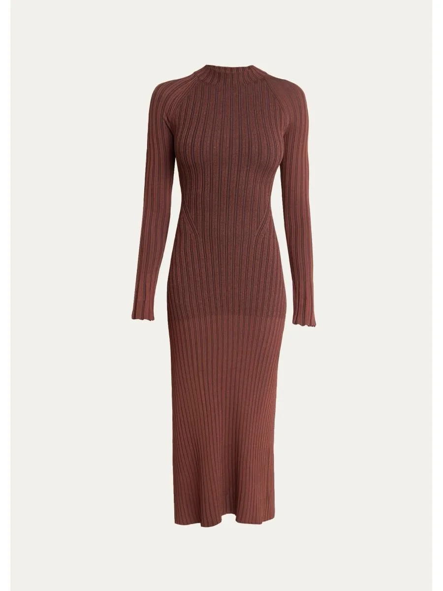 Roux Long-Sleeve Silk-Blend Rib Midi Dress - 1