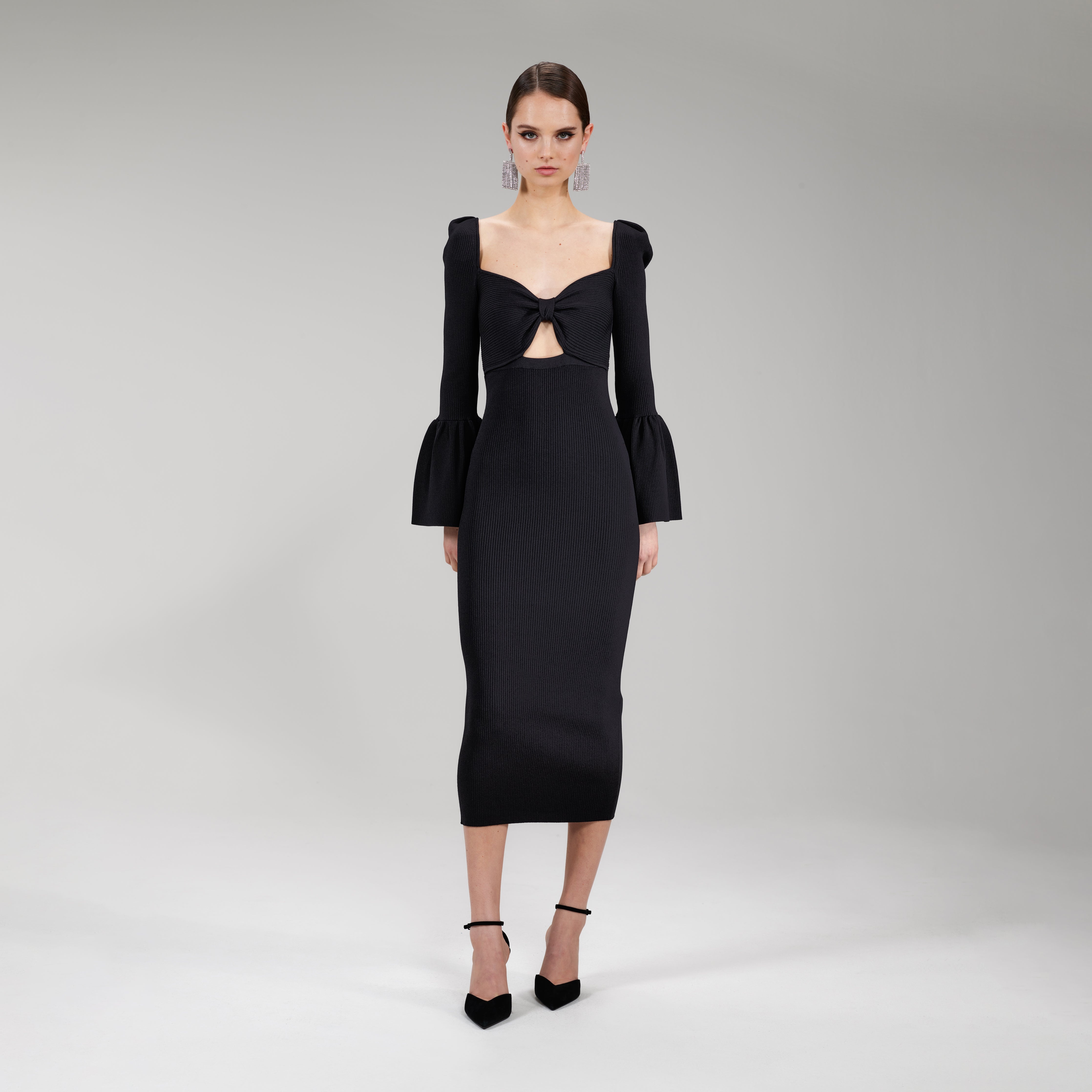 self-portrait Black Lurex Ribbed Knit Bow Bust Midi Dress - PF22-058S |  REVERSIBLE