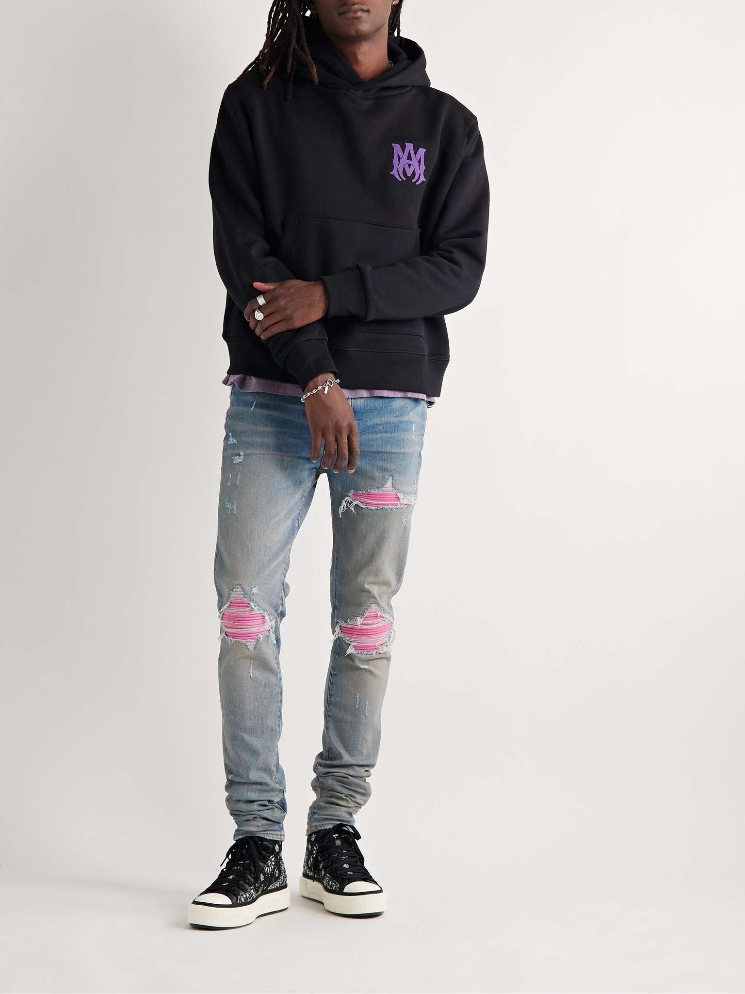 AMIRI MX1 Skinny-Fit Ultrasuede®-Panelled Distressed Jeans AMIRI MX1 Skinny-Fit Ultrasuede®-Panelled Distressed Jeans