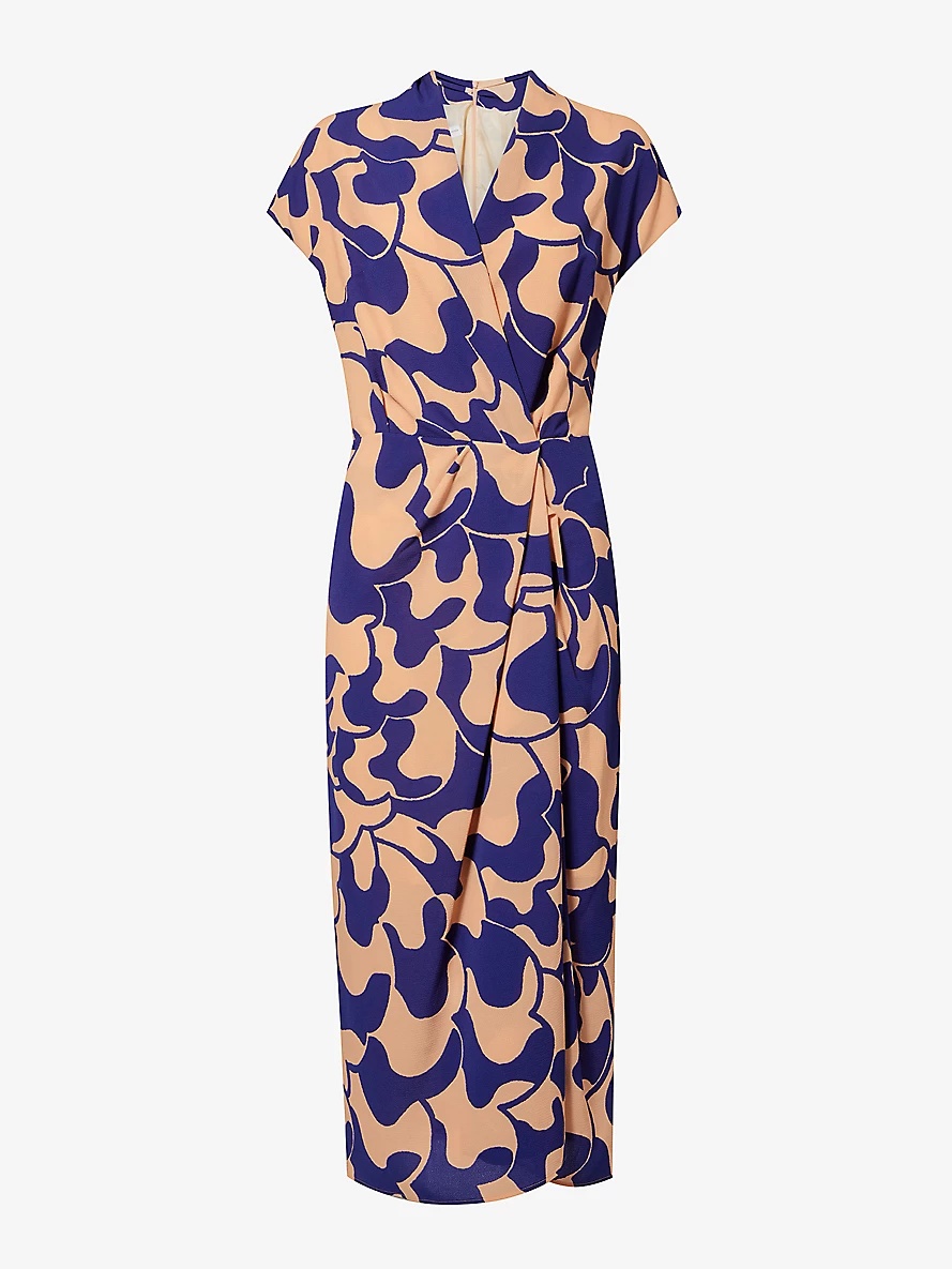 Abstract-pattern V-neck stretch-woven midi dress - 1