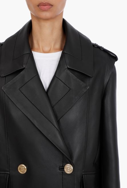 Black leather pea coat with gold-tone buttons - 8