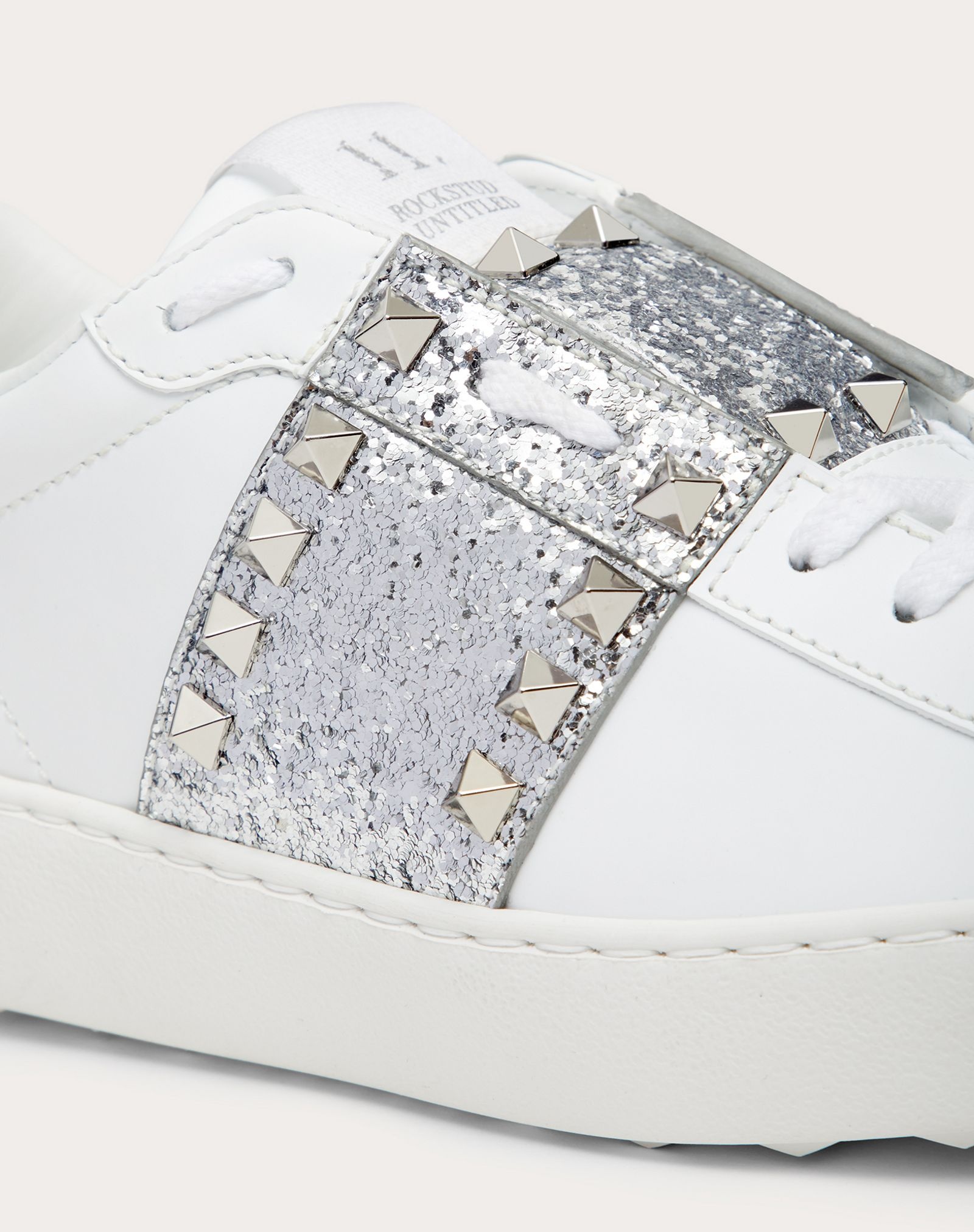 Rockstud Untitled Sneaker in Calfskin Leather with Glitter Stripe - 5