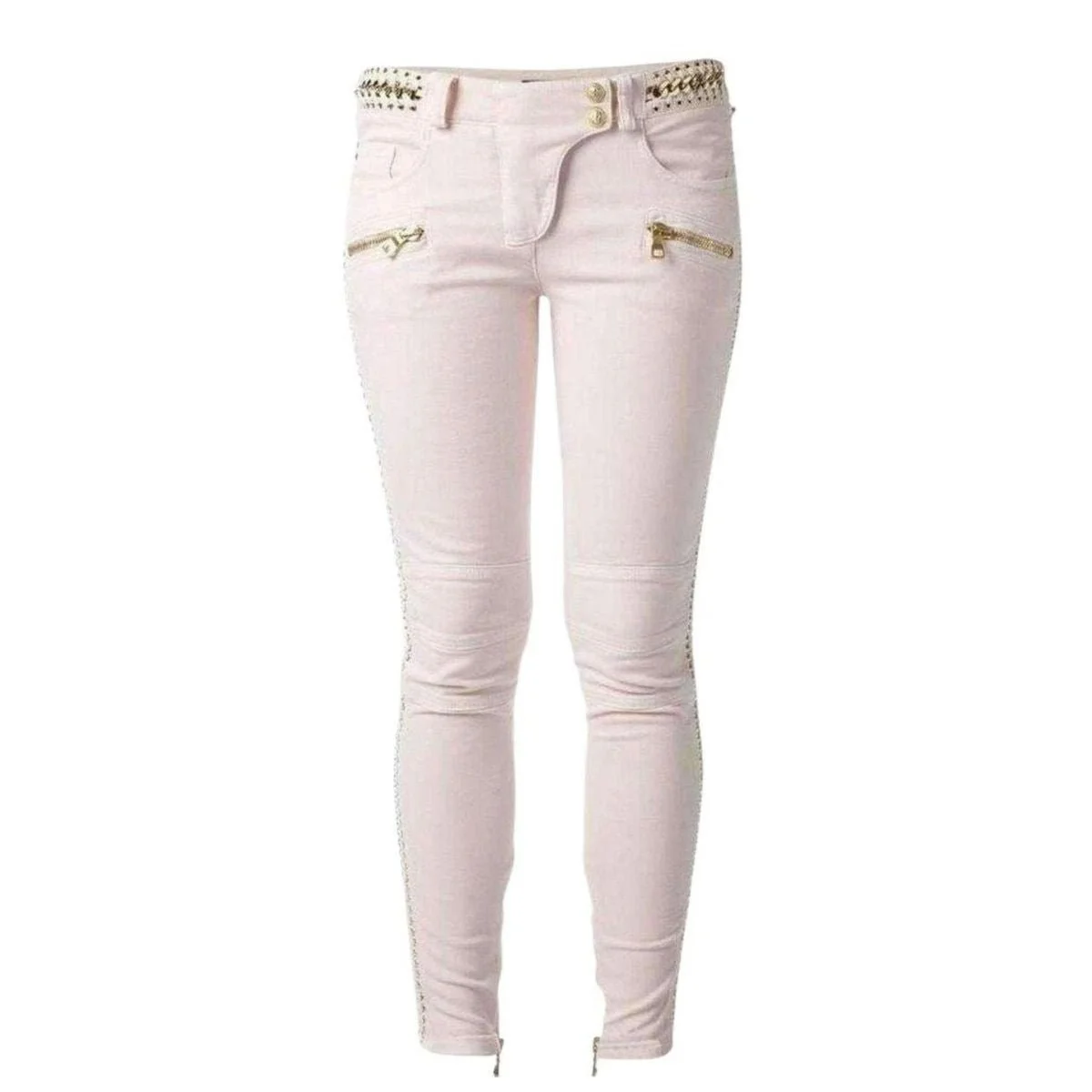 Rose Pink Low-Rise Lace & Chain Biker Jeans - 1