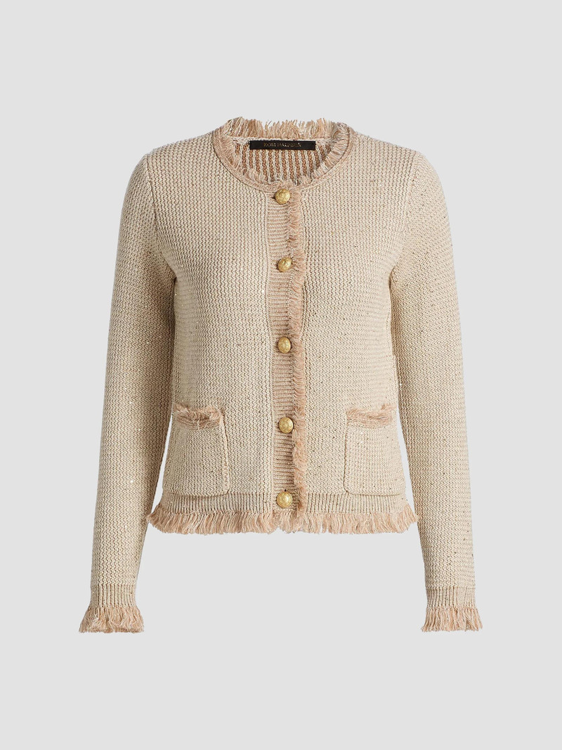 Women's Kailey Metallic-Knit Frayed Linen-Blend Cardigan - Natural 1