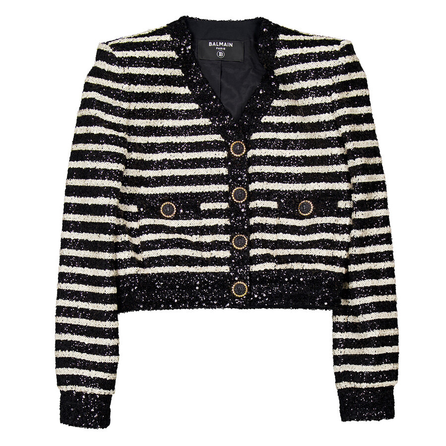 Balmain V-Neck Striped Sequinned Jacket - 4