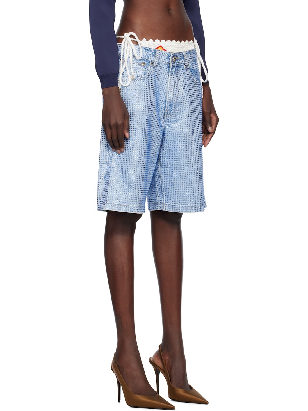 Blue Crystal Embellished Denim Shorts - 2