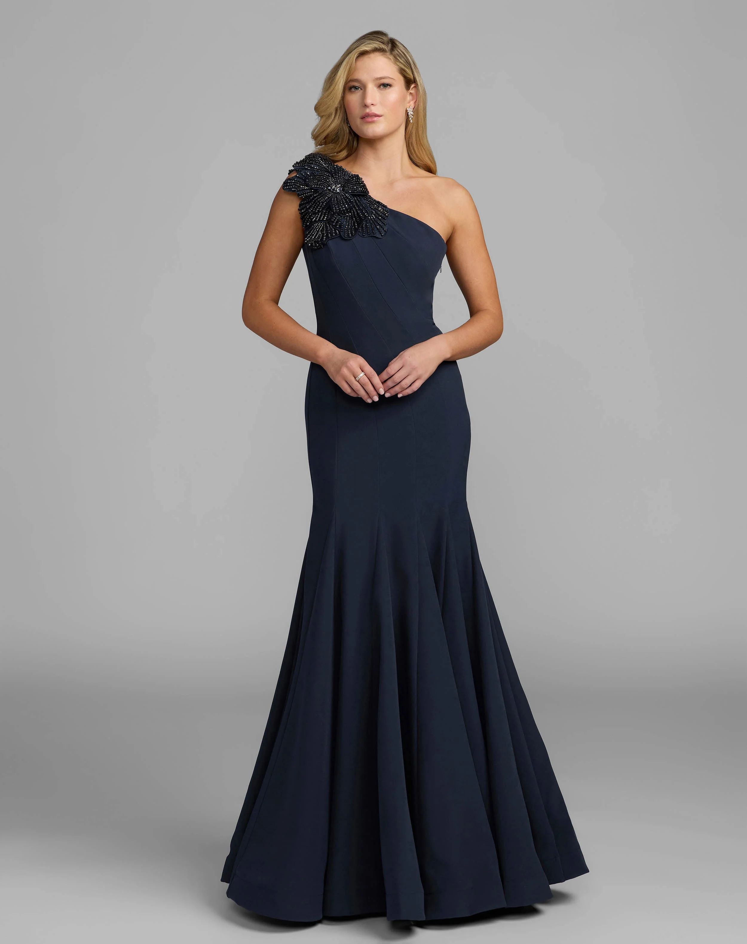 Midnight One Shoulder Trumpet Gown With Crystal Flower - 1