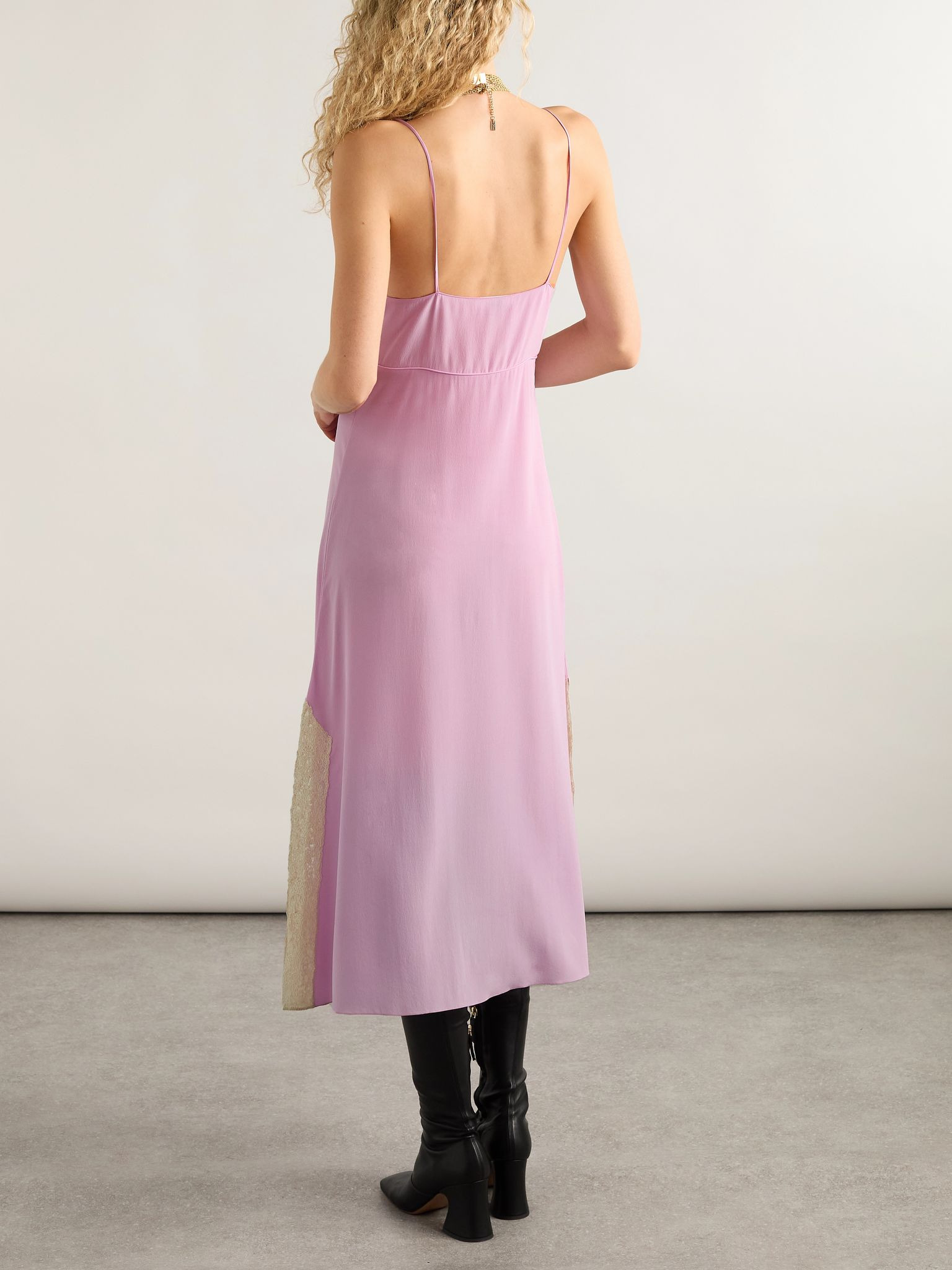 Lace-trimmed silk crepe de chine midi dress Lilac - 4