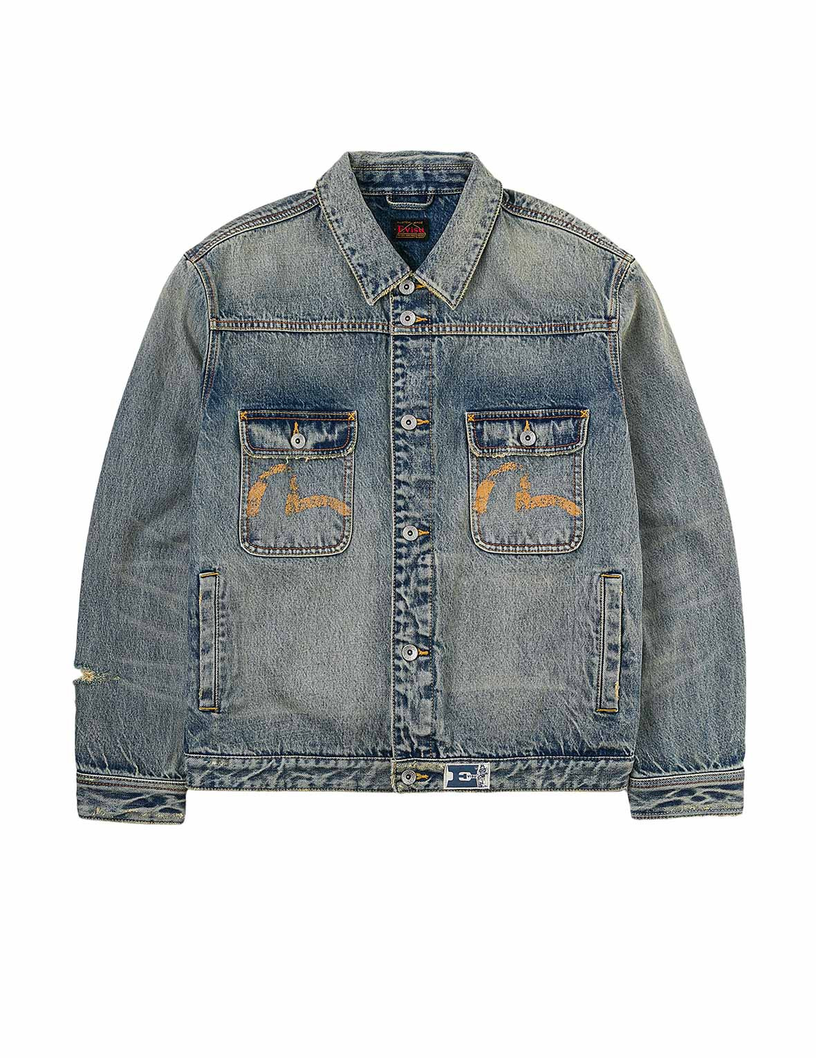 Distressed Seagull Print and Frayed Logo Patch Embroidery Relax Fit Denim Jacket - 17