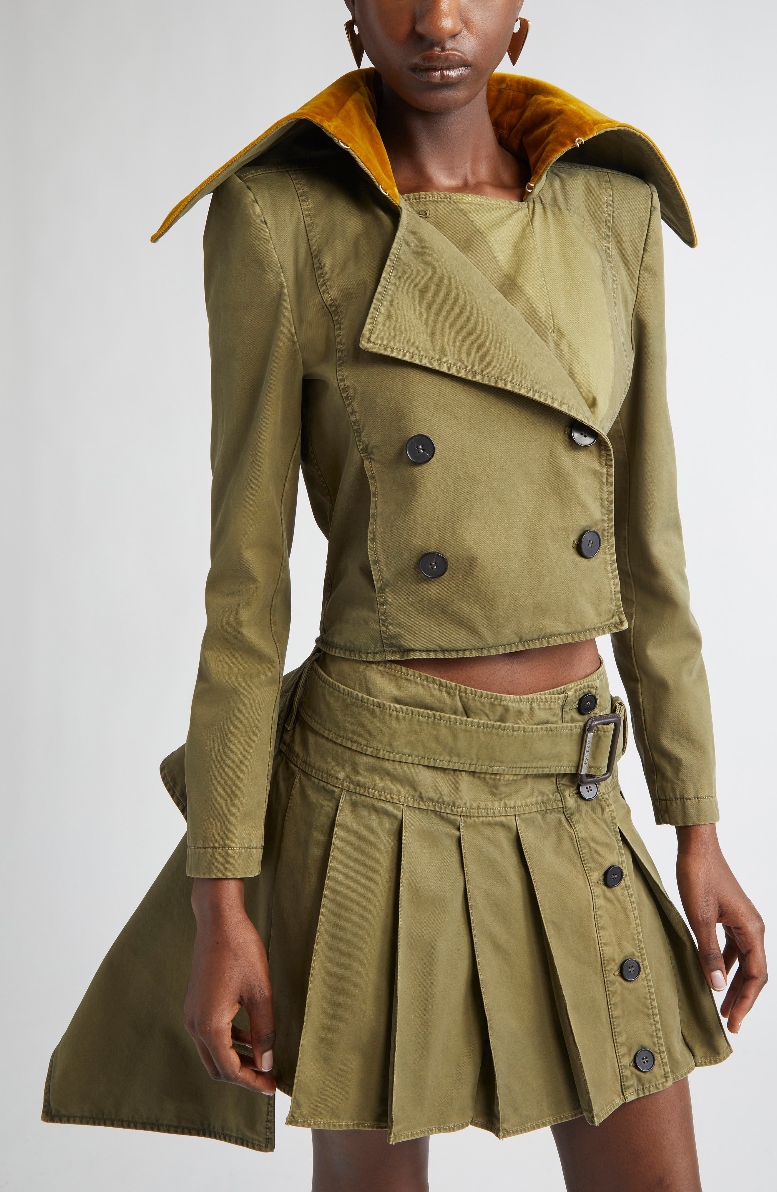McQueen Velvet Collar Double Breasted Twill Peplum Jacket in Khaki at Nordstrom - 5