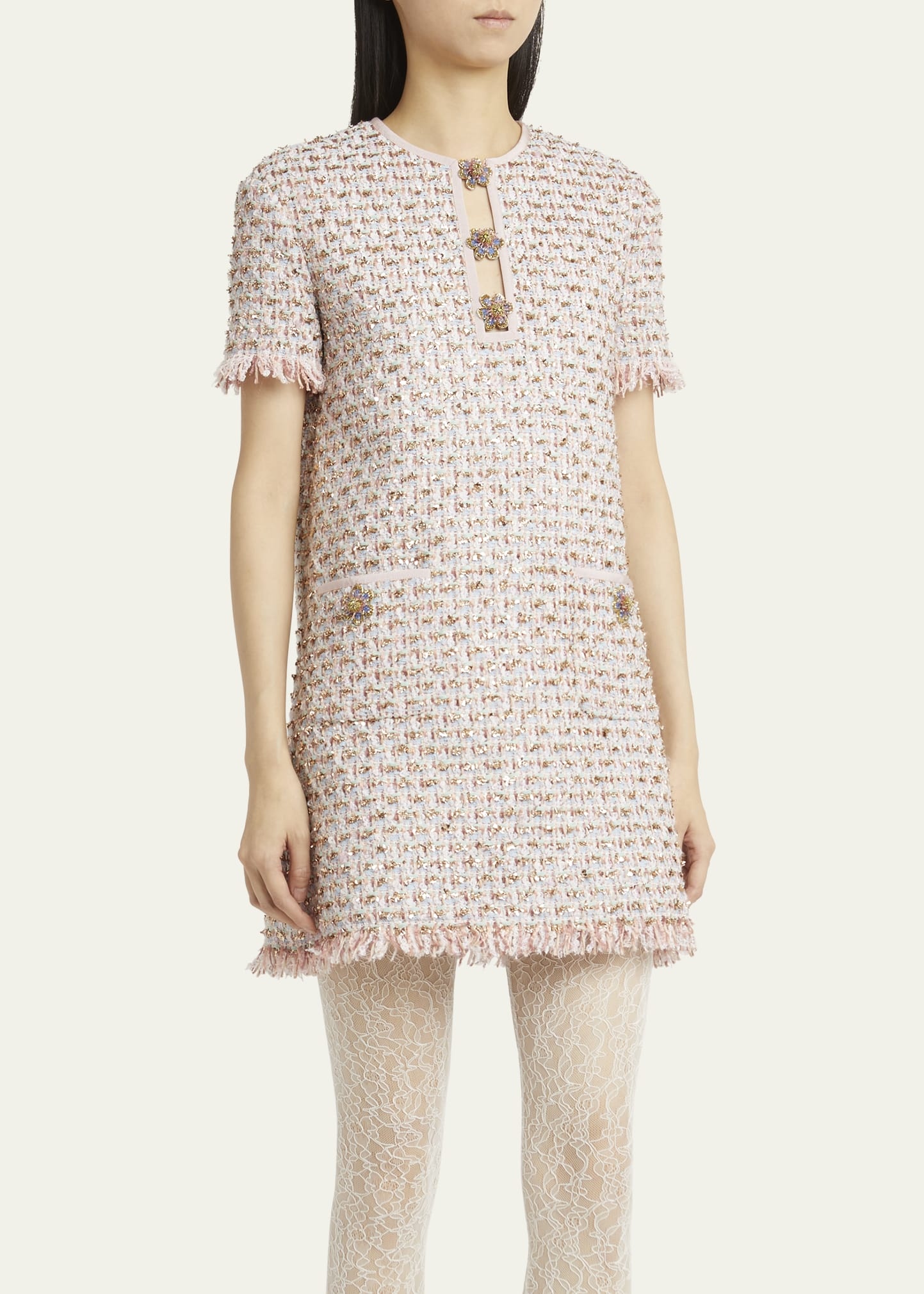 Ribbon Tweed Frayed Mini Dress - 4