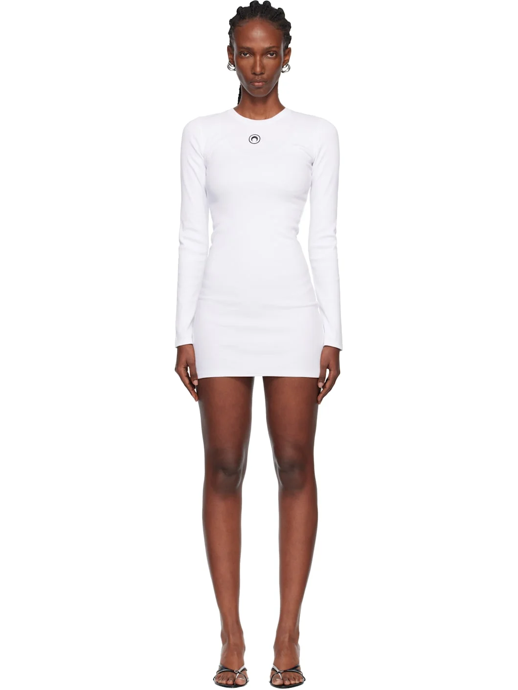 White Moon Logo Ribbed Jersey LS Crewneck Minidress - 1