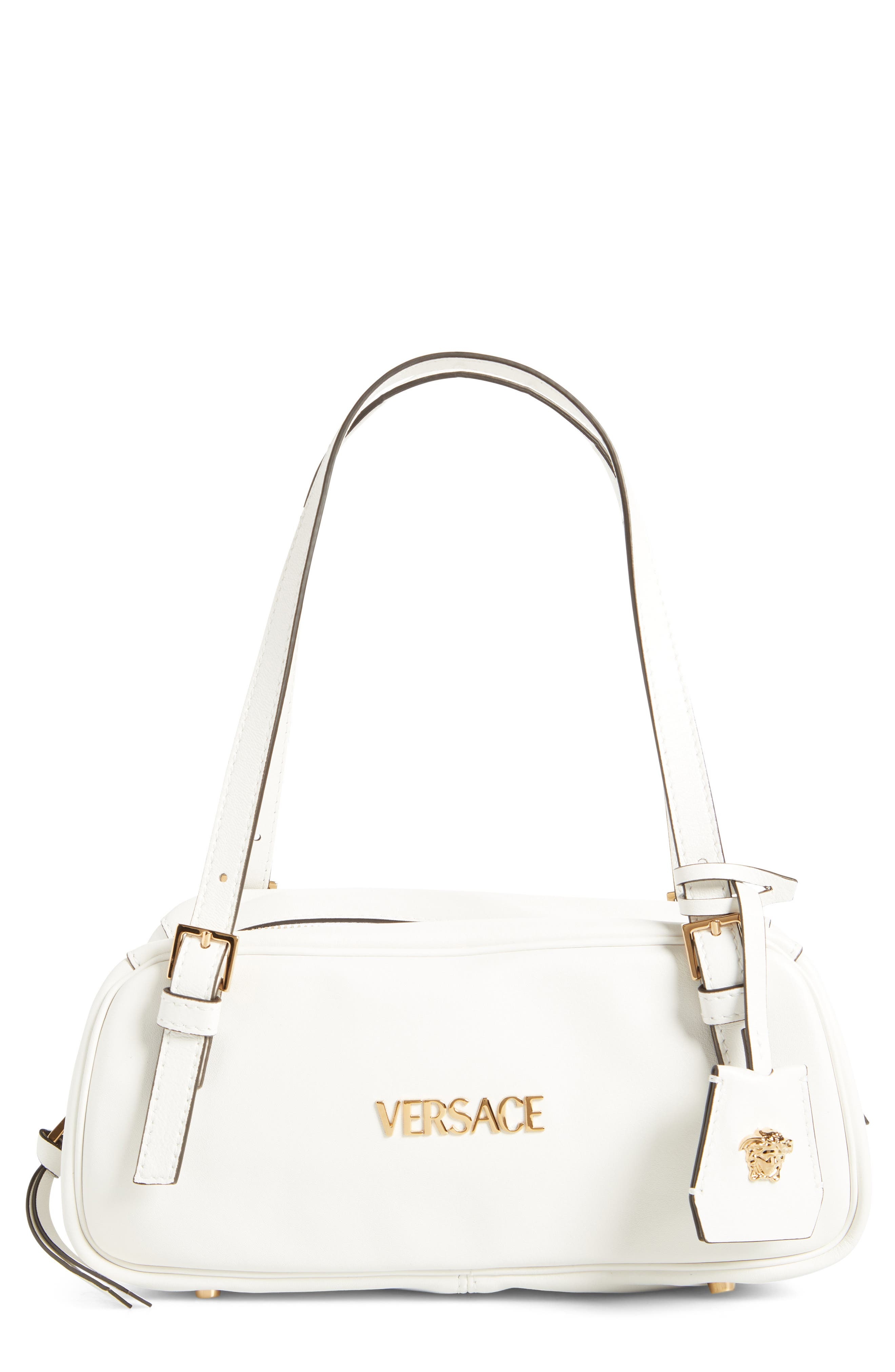 Versace Small Logo East/West Leather Shoulder Bag in Porcelain White Versace Gold at Nordstrom - 1