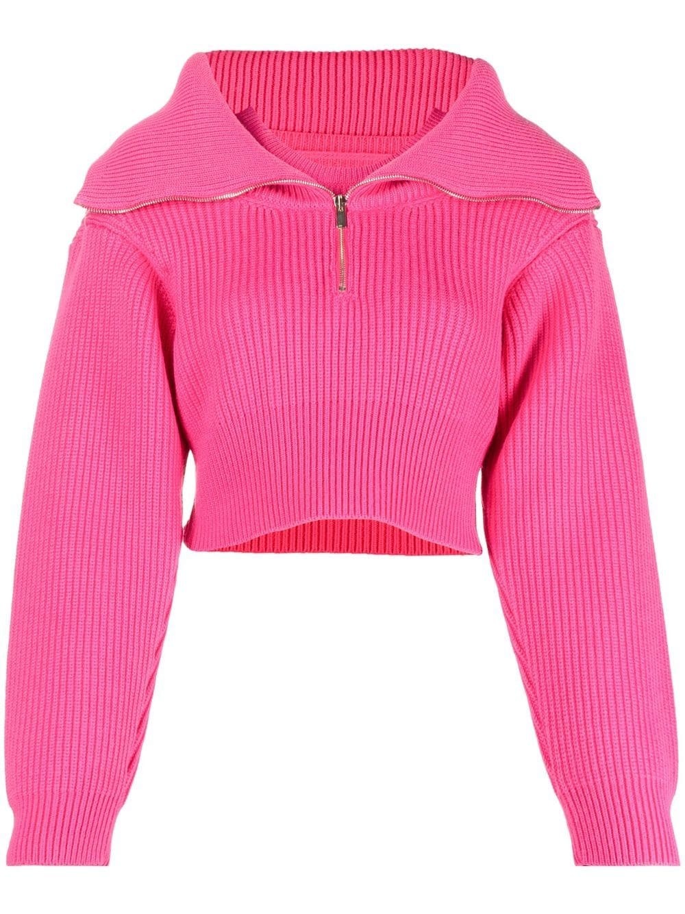 zip-up neck cropped jumper - 1