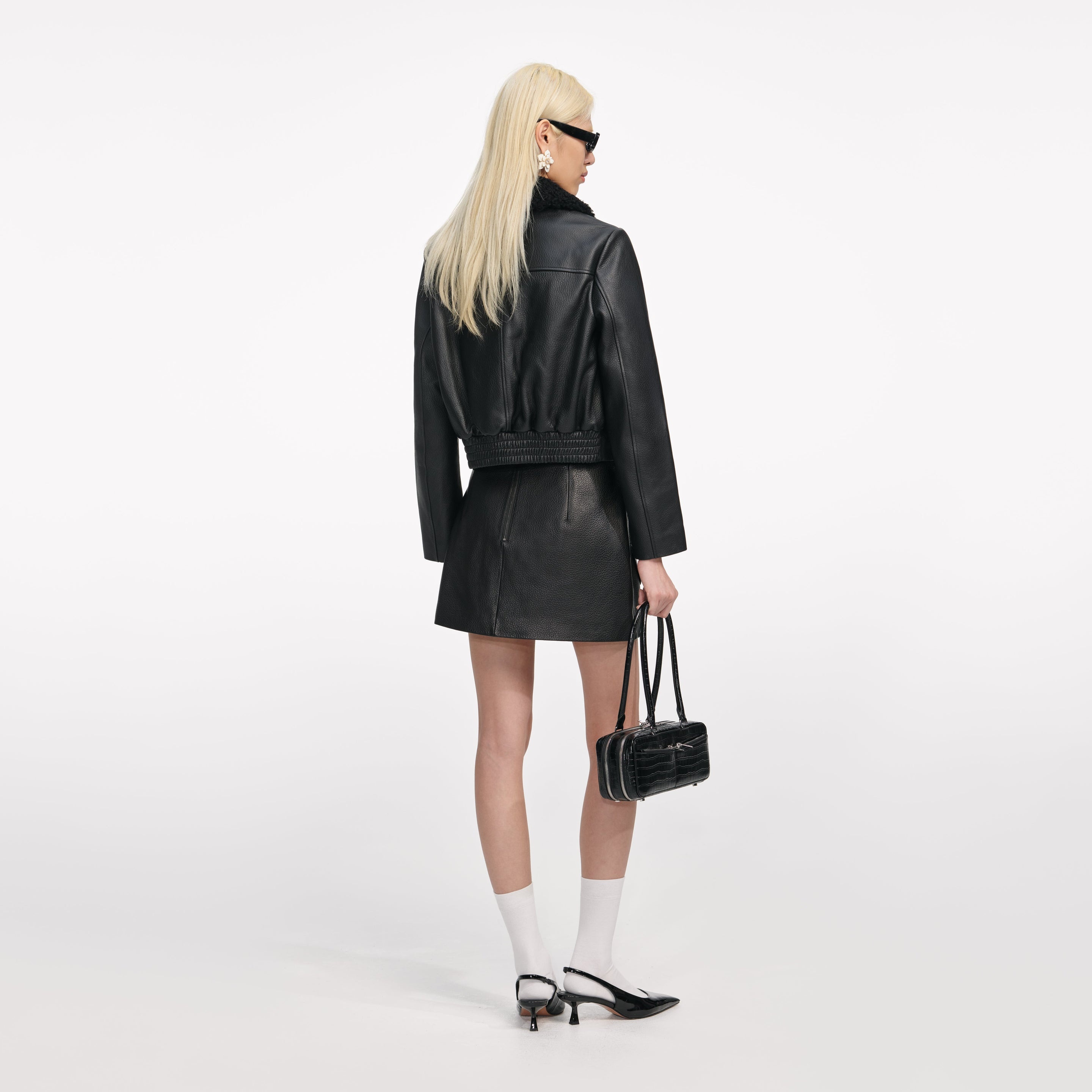Black Cropped Leather Jacket - 3