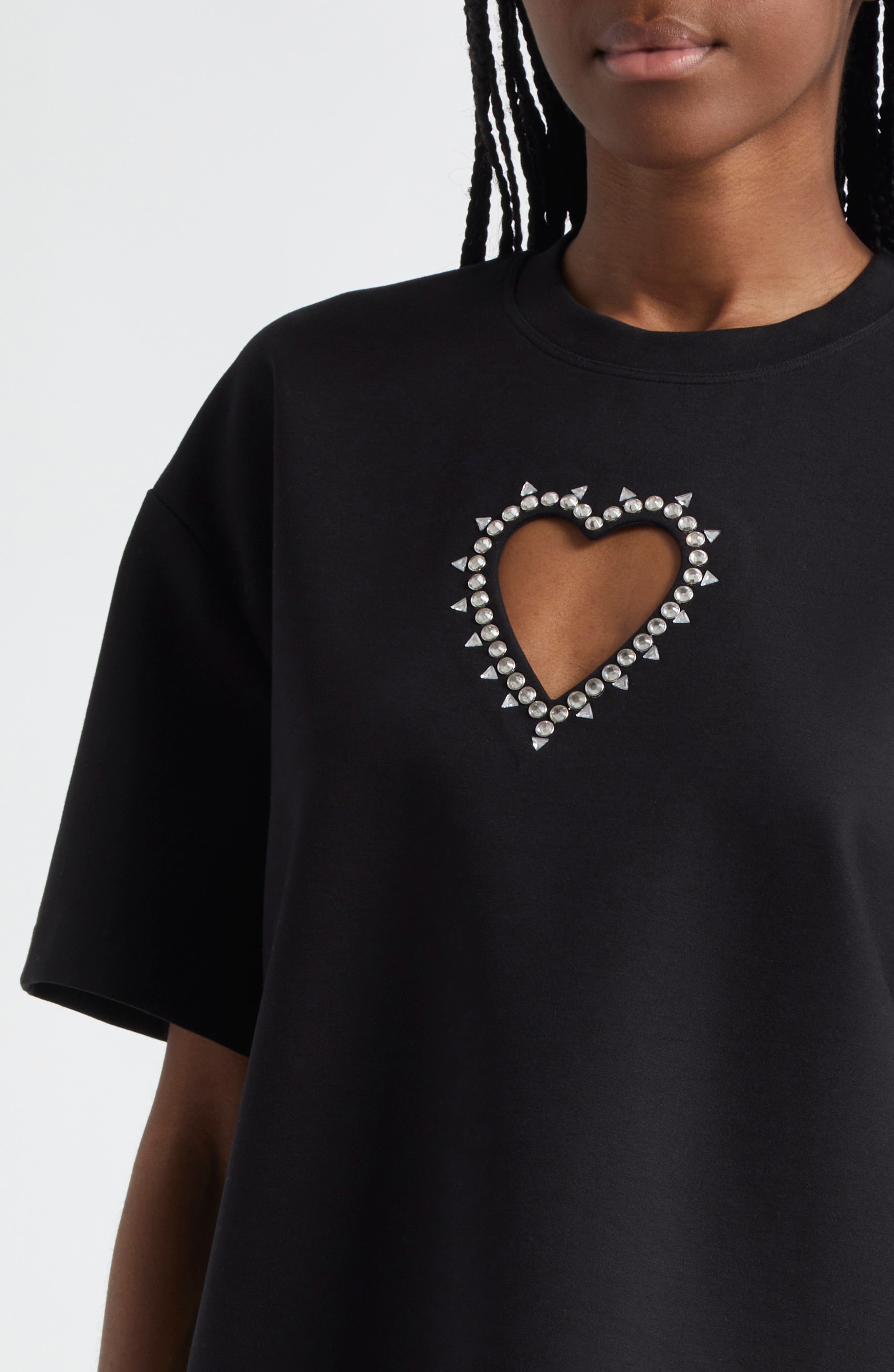 Area Crystal Trim Heart Cutout Relaxed Fit T-Shirt in Black at Nordstrom - 5