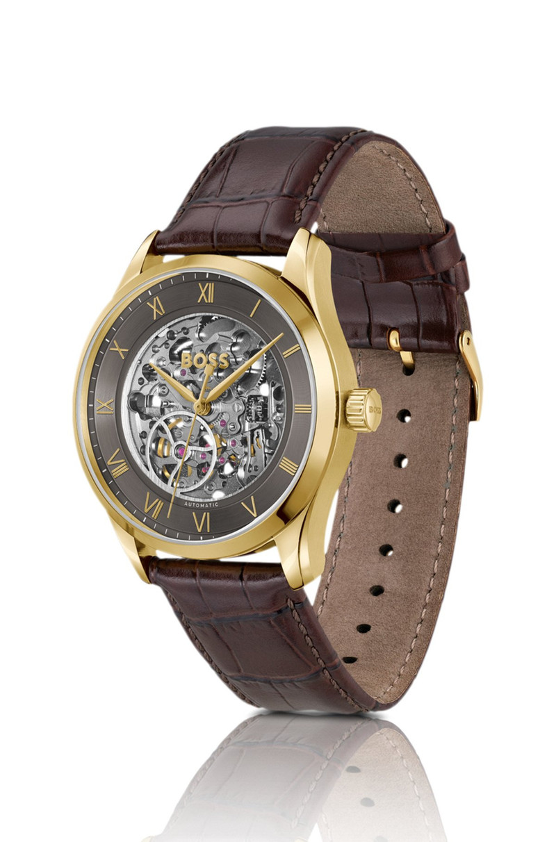 BOSS GOLD-TONE AUTOMATIC WATCH WITH SKELETON DIAL outlook