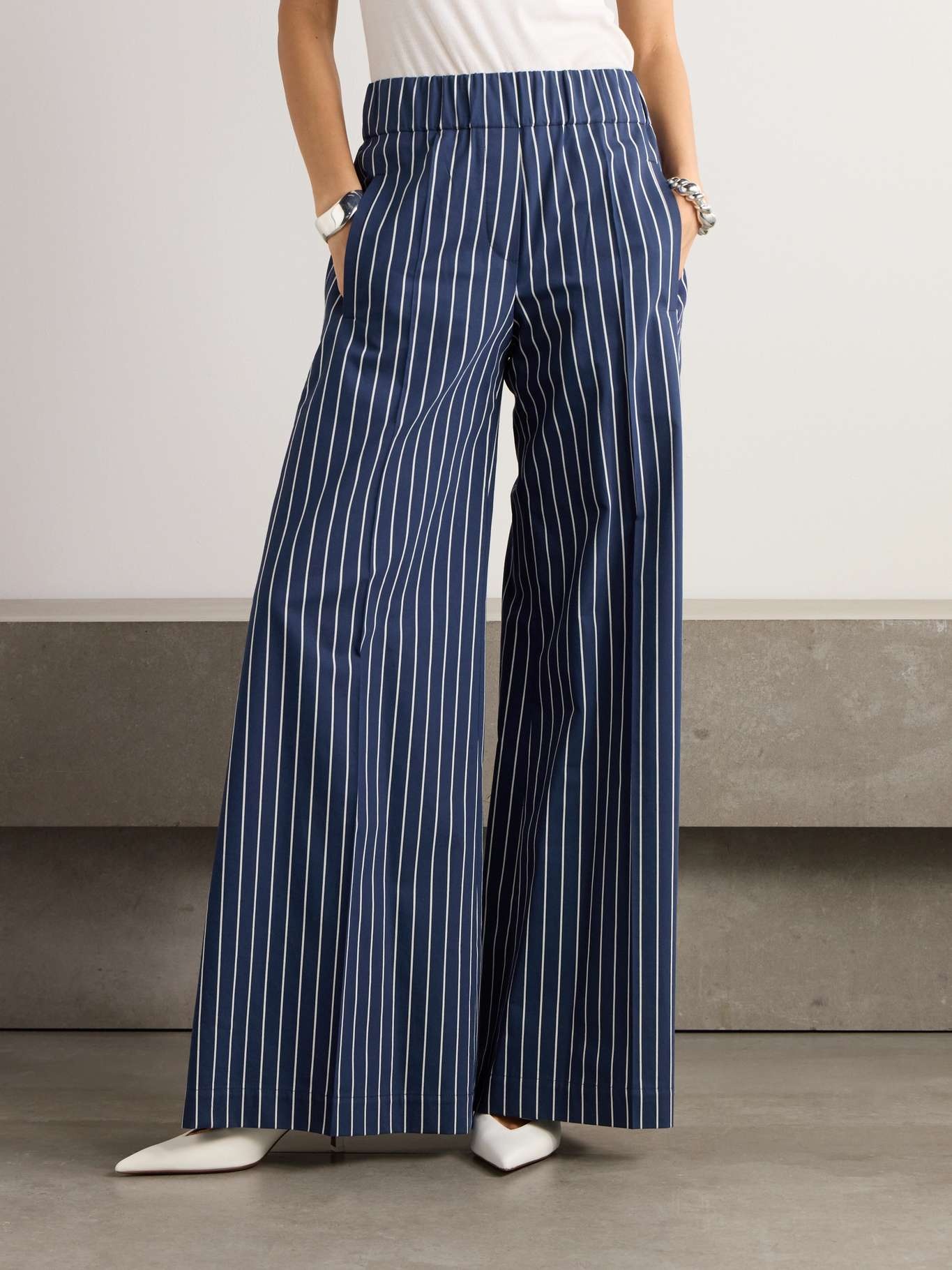 Striped cotton and silk-blend twill wide-leg pants Navy - 3