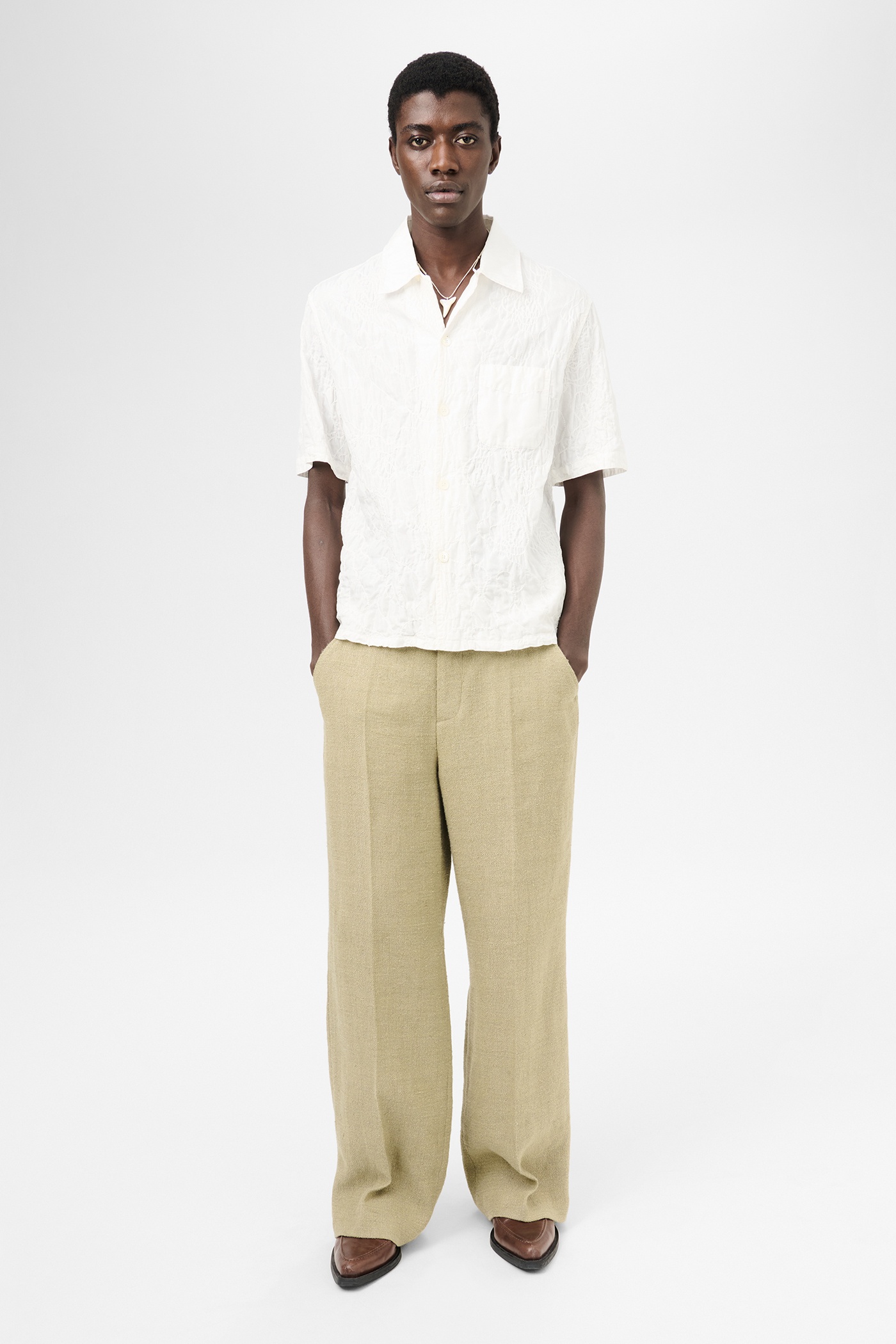 Heusen Shirt Shortsleeve White Flower Embroidery - 2