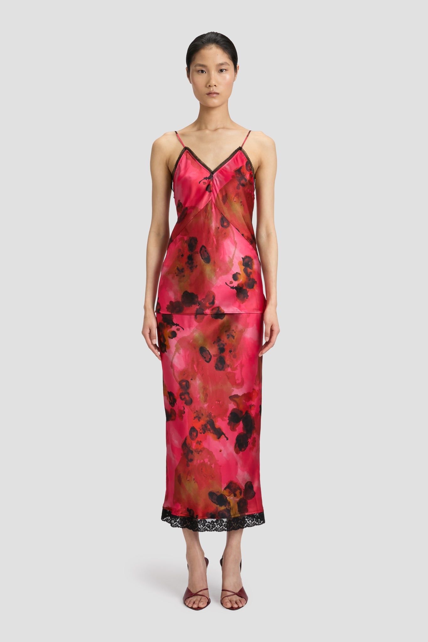 Lace Detail Cami Top In Raspberry Floral Print - 2