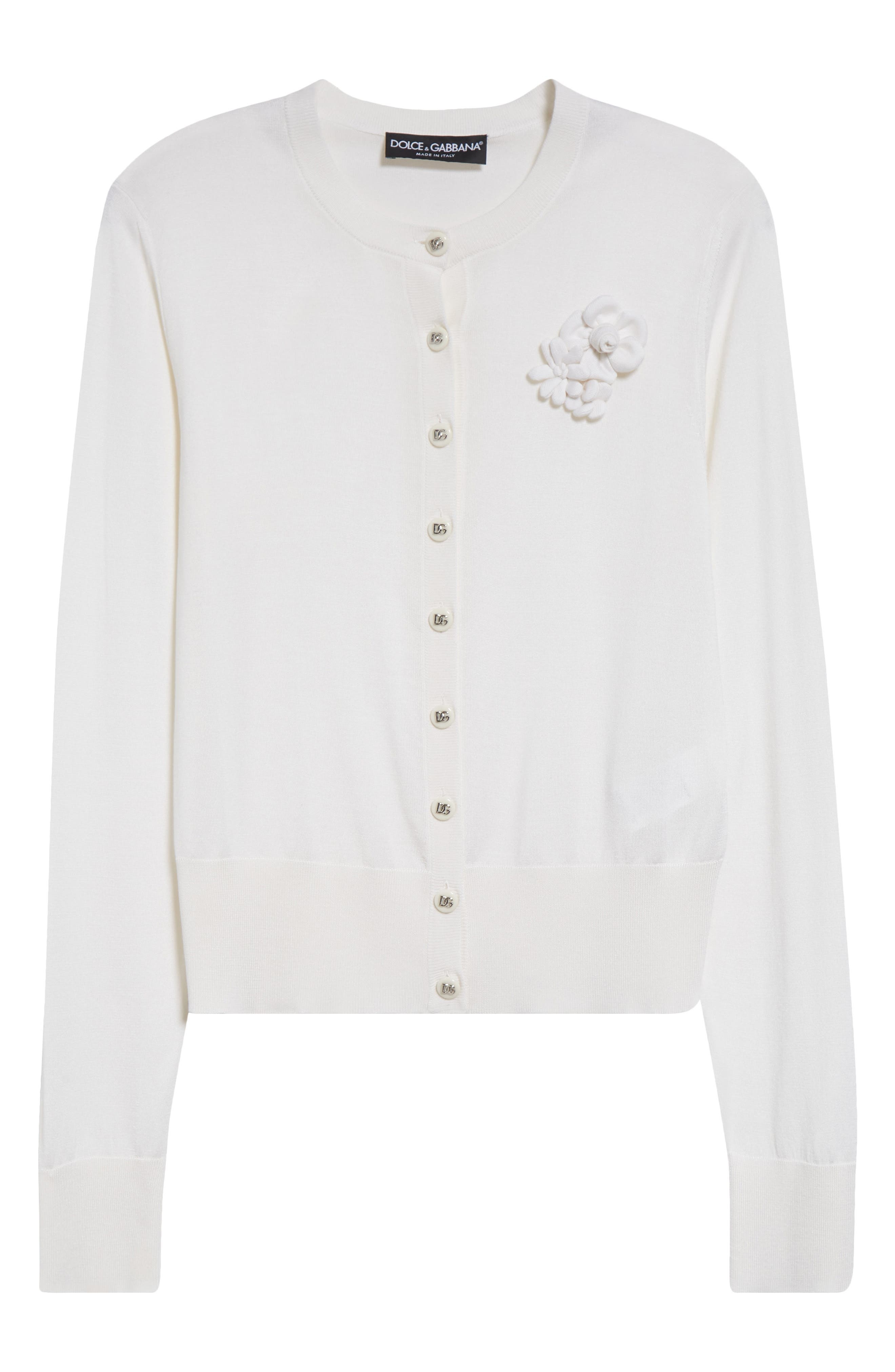 Dolce&Gabbana Floral Appliqué Silk Crewneck Cardigan in Bianco Ottico at Nordstrom - 6